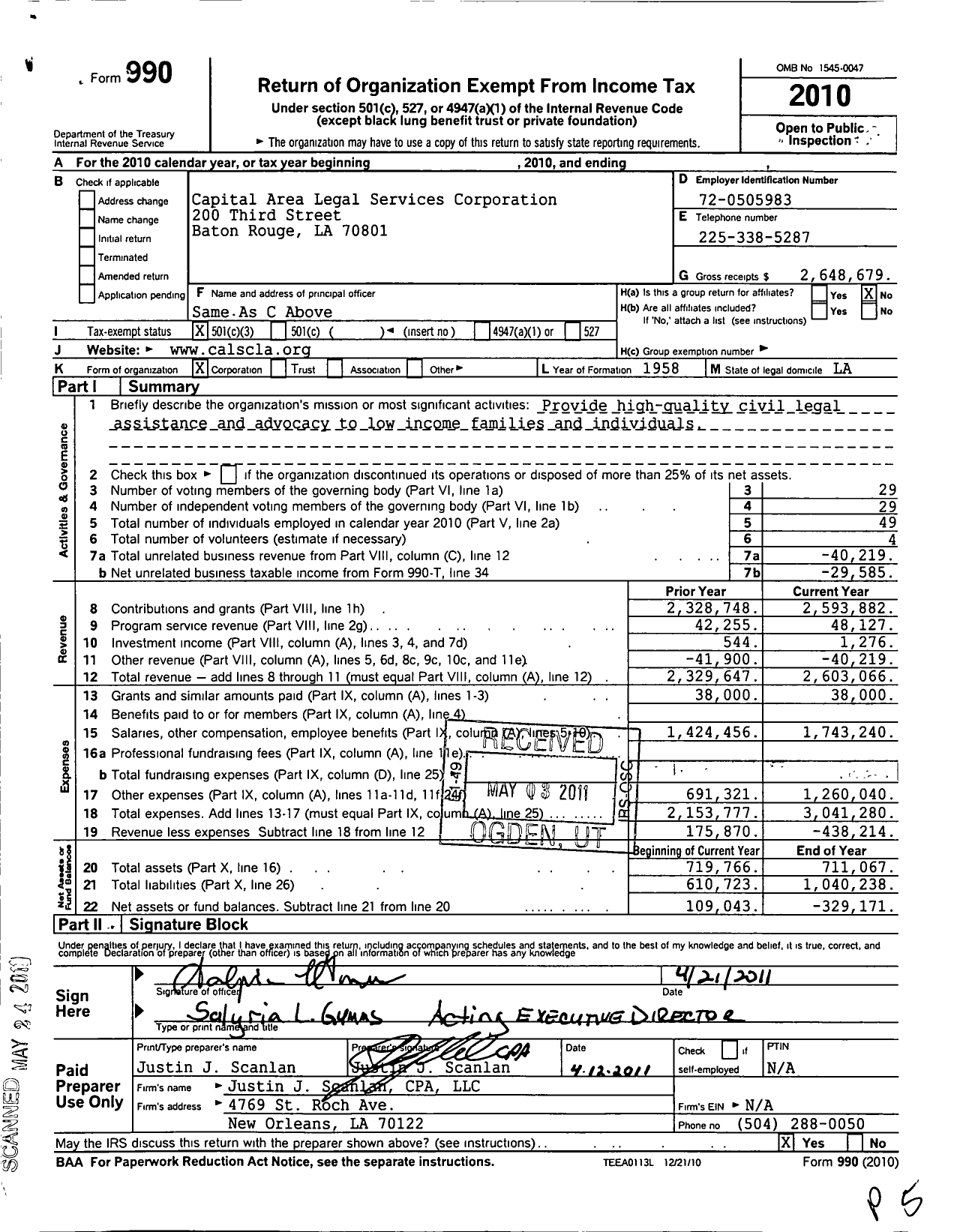 Image of first page of 2010 Form 990 for Capital Area Legal Services Corporation