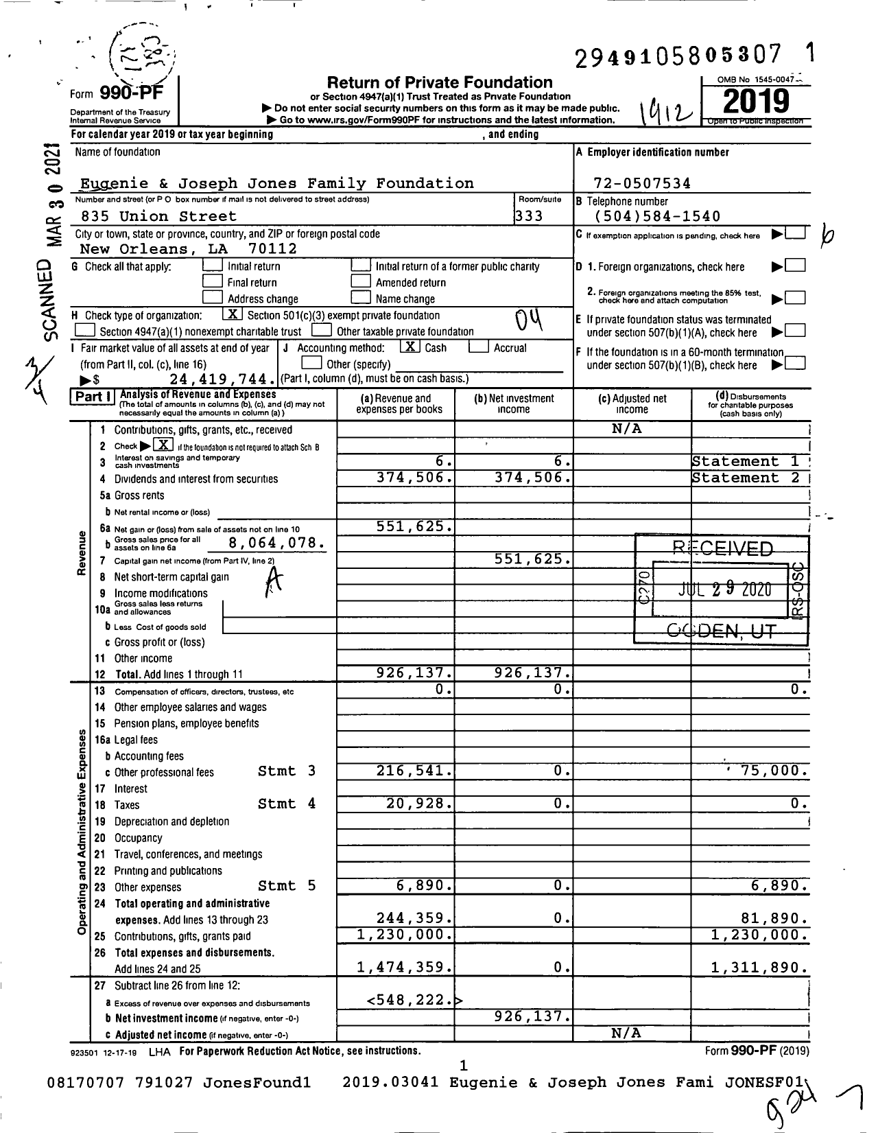 Image of first page of 2019 Form 990PF for Eugenie & Joseph Jones Family Foundation