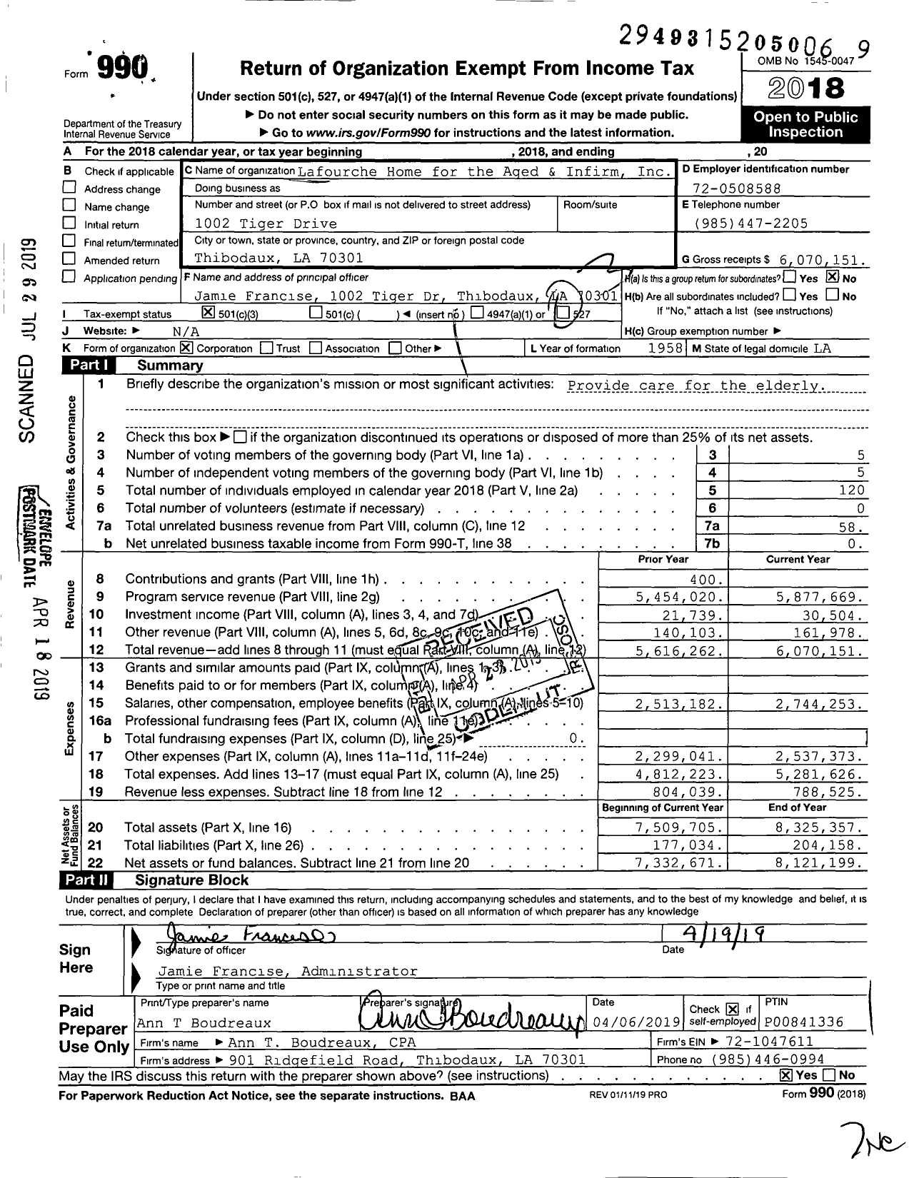 Image of first page of 2018 Form 990 for Lafourche Home for the Aged and Infirm