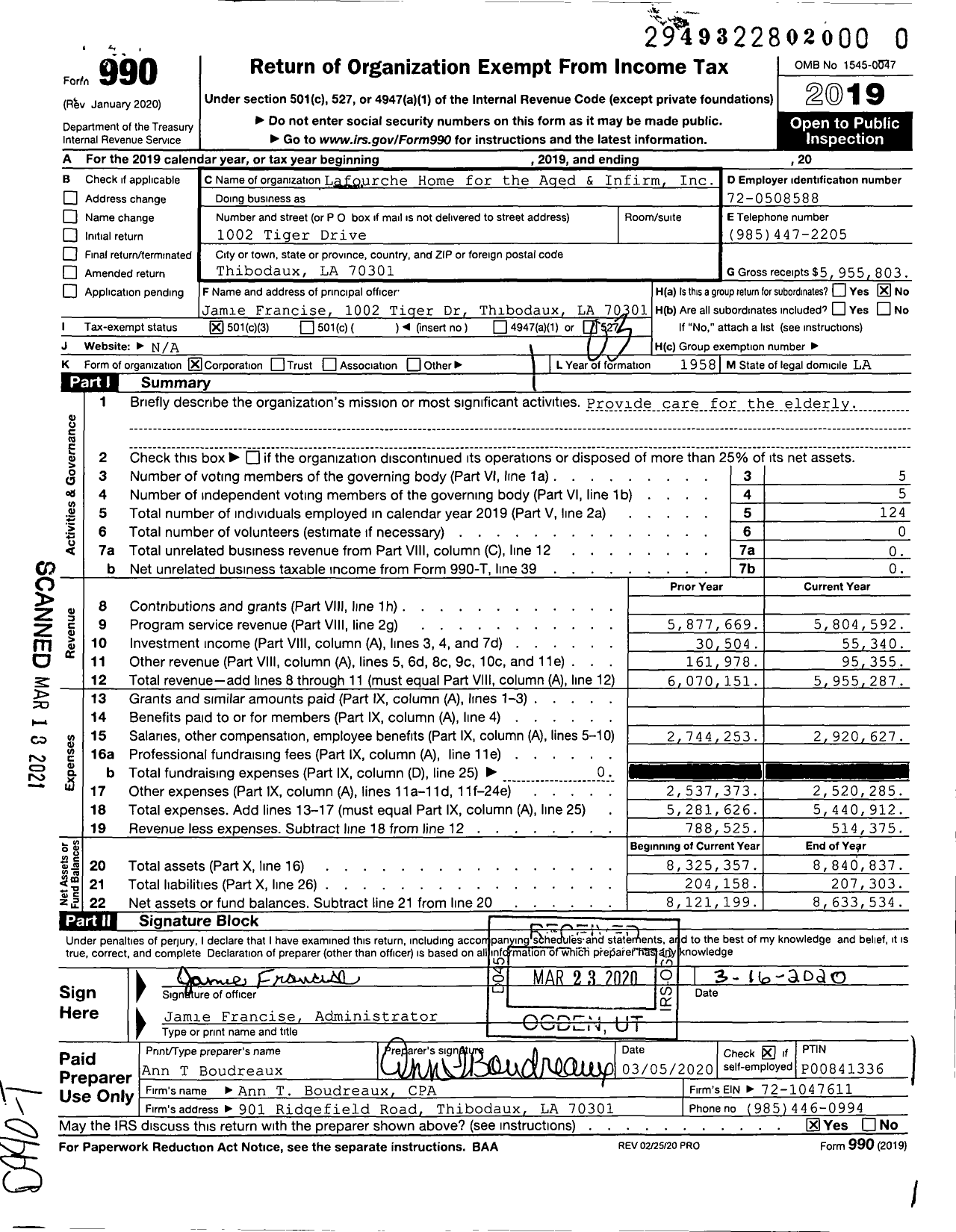 Image of first page of 2019 Form 990 for Lafourche Home for the Aged and Infirm