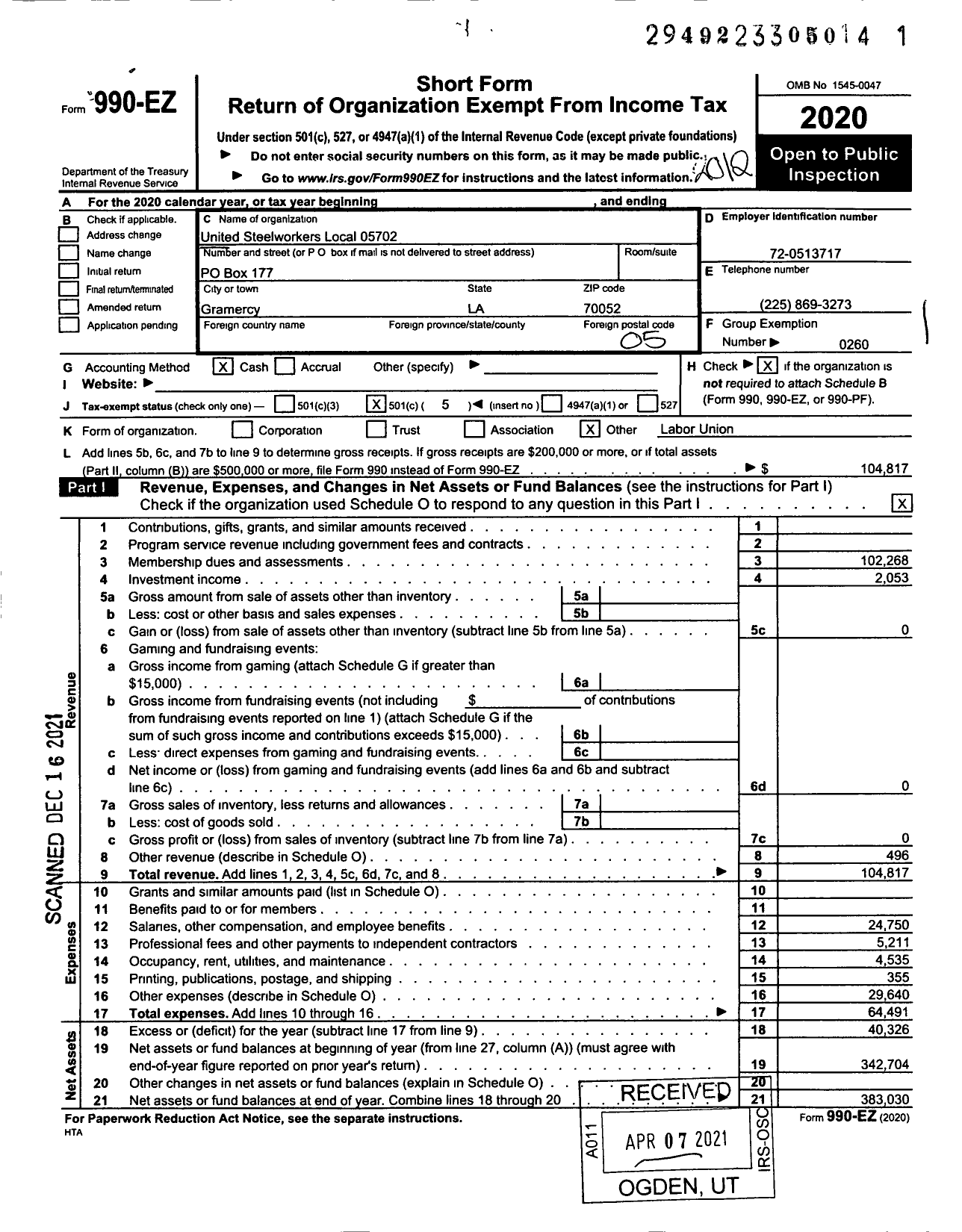 Image of first page of 2020 Form 990EO for United Steelworkers - 05702 Local