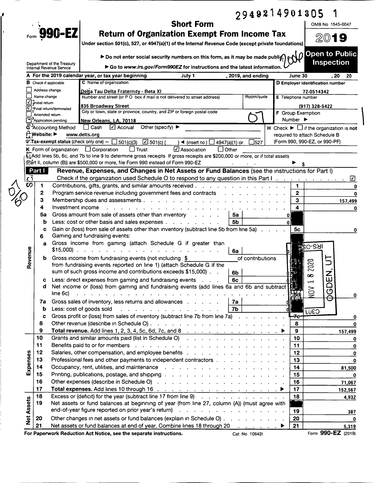 Image of first page of 2019 Form 990EO for Beta Xi House Corporation / Delta Tau Delta Fraternity- Beta Xi Fraternity of New Orleans