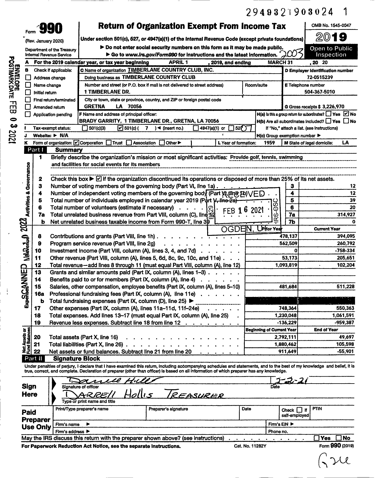 Image of first page of 2019 Form 990O for Timberlane COUNTRY Club