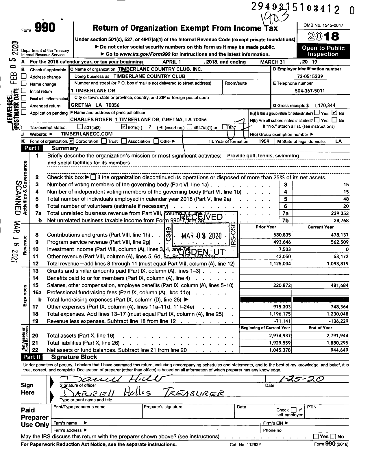 Image of first page of 2018 Form 990O for Timberlane COUNTRY Club