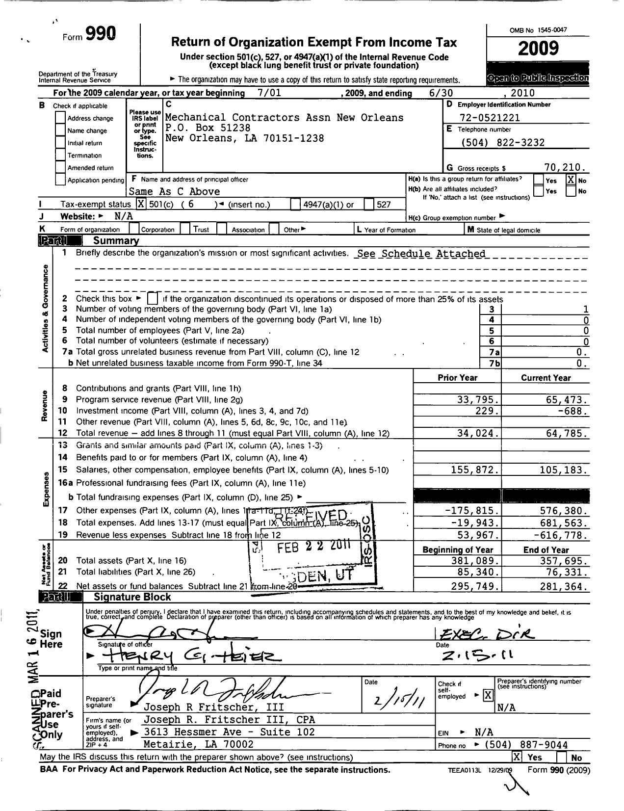 Image of first page of 2009 Form 990O for Mechanical Contractors Association of New Orleans