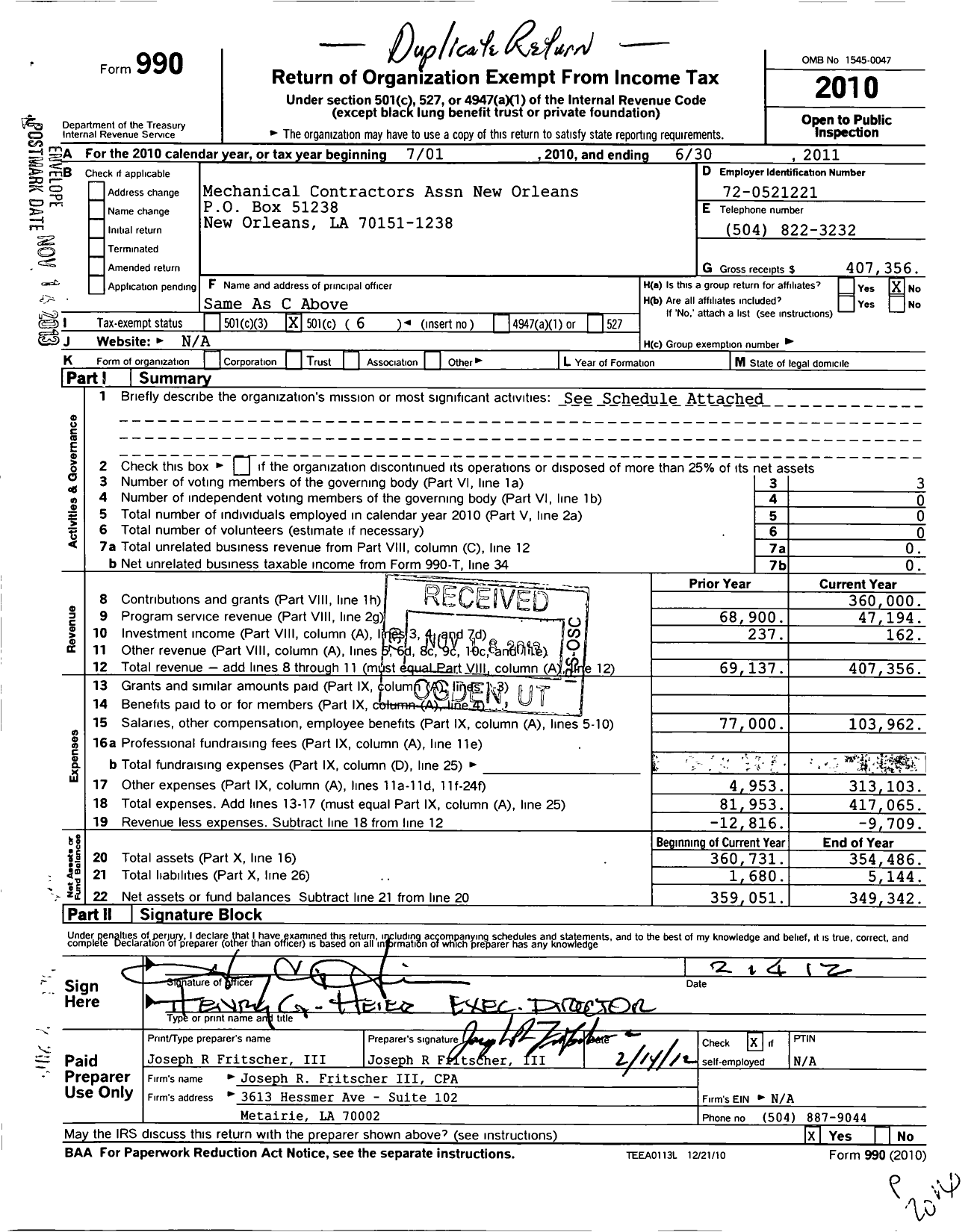 Image of first page of 2010 Form 990O for Mechanical Contractors Association of New Orleans