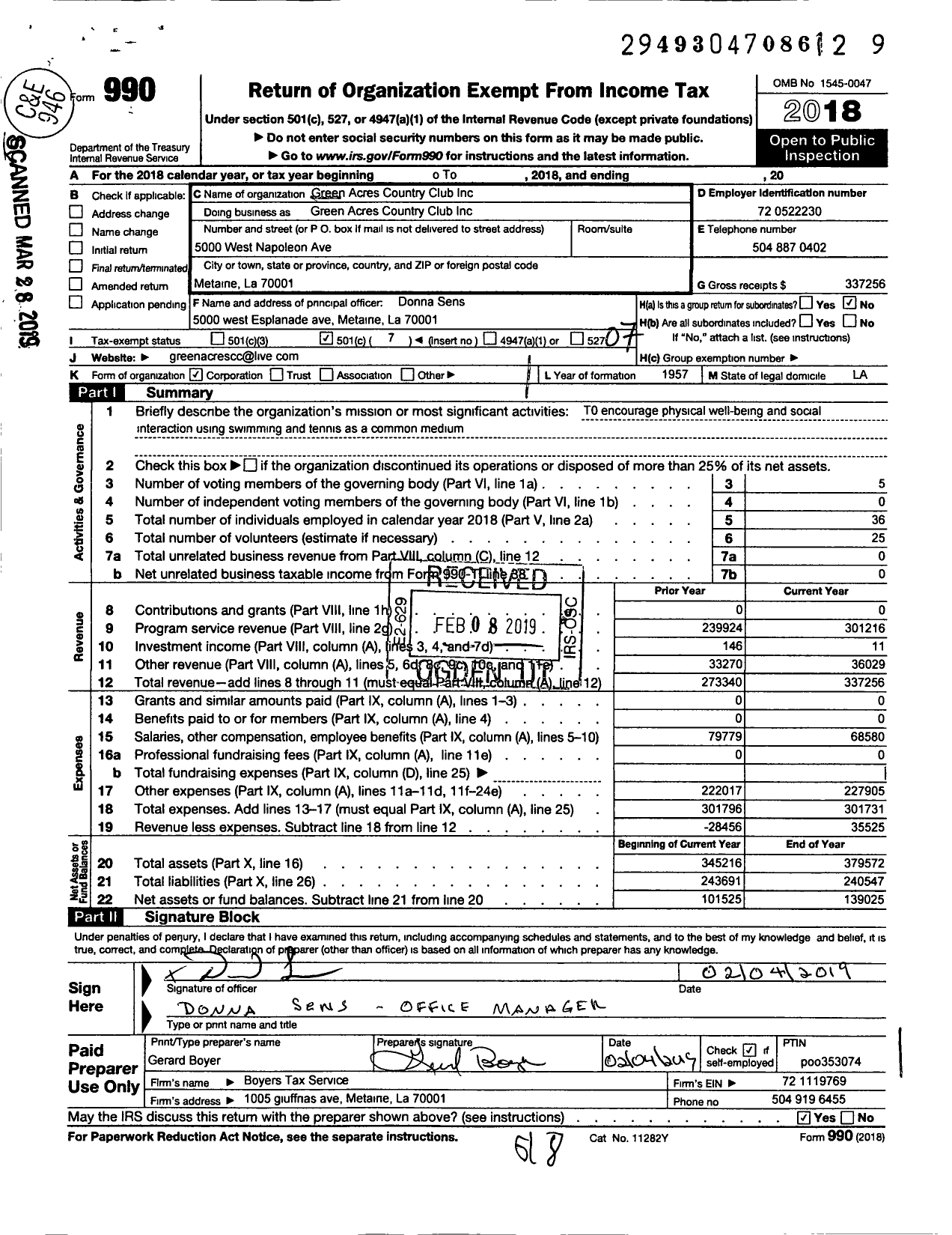 Image of first page of 2018 Form 990O for Green Acres Country Club