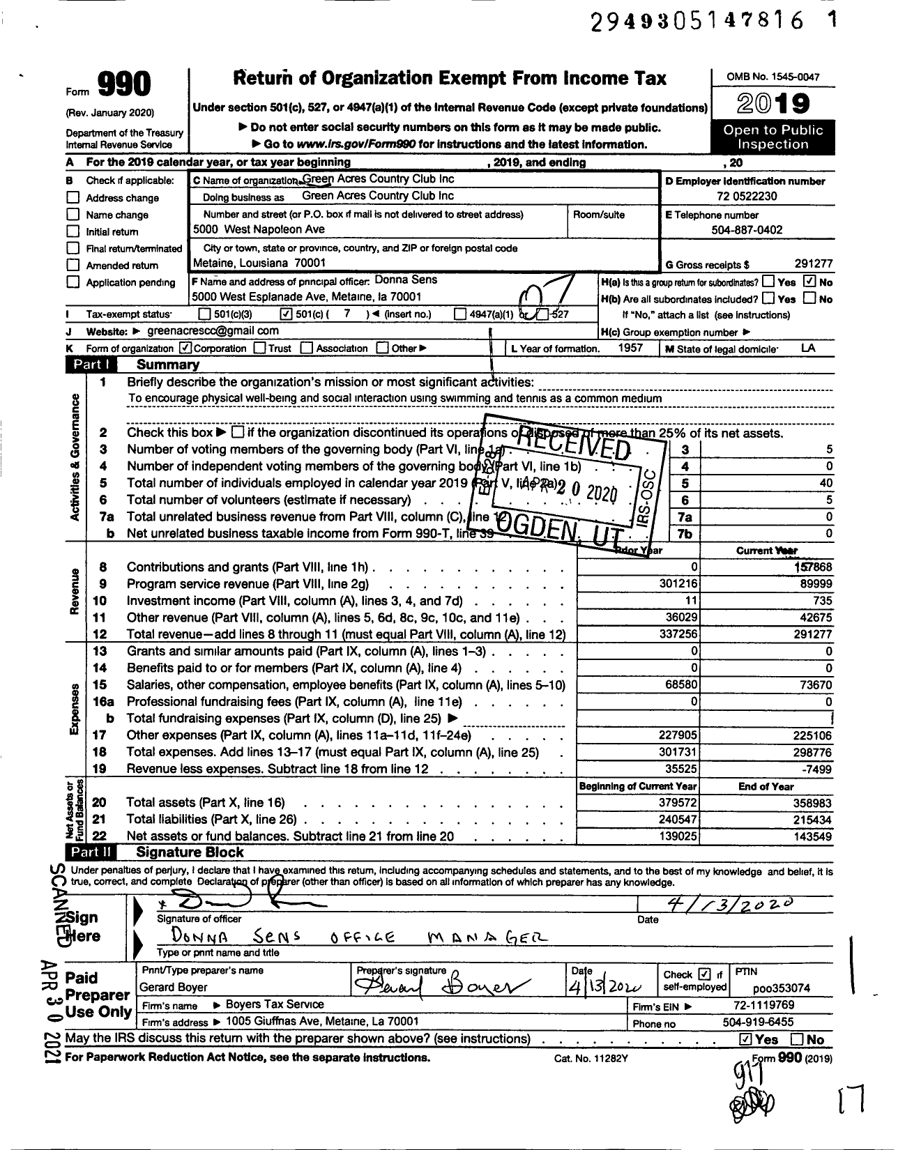 Image of first page of 2019 Form 990O for Green Acres Country Club