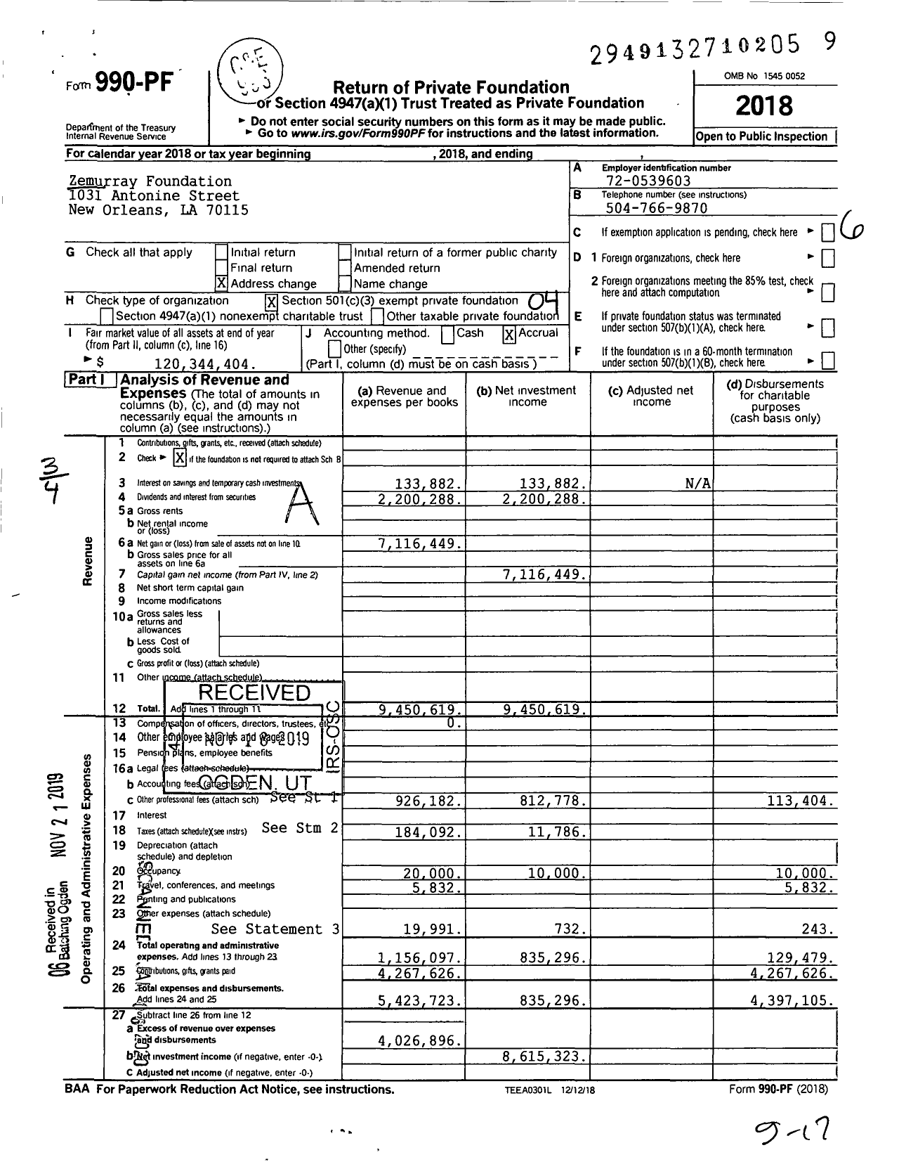 Image of first page of 2018 Form 990PF for Zemurray Foundation