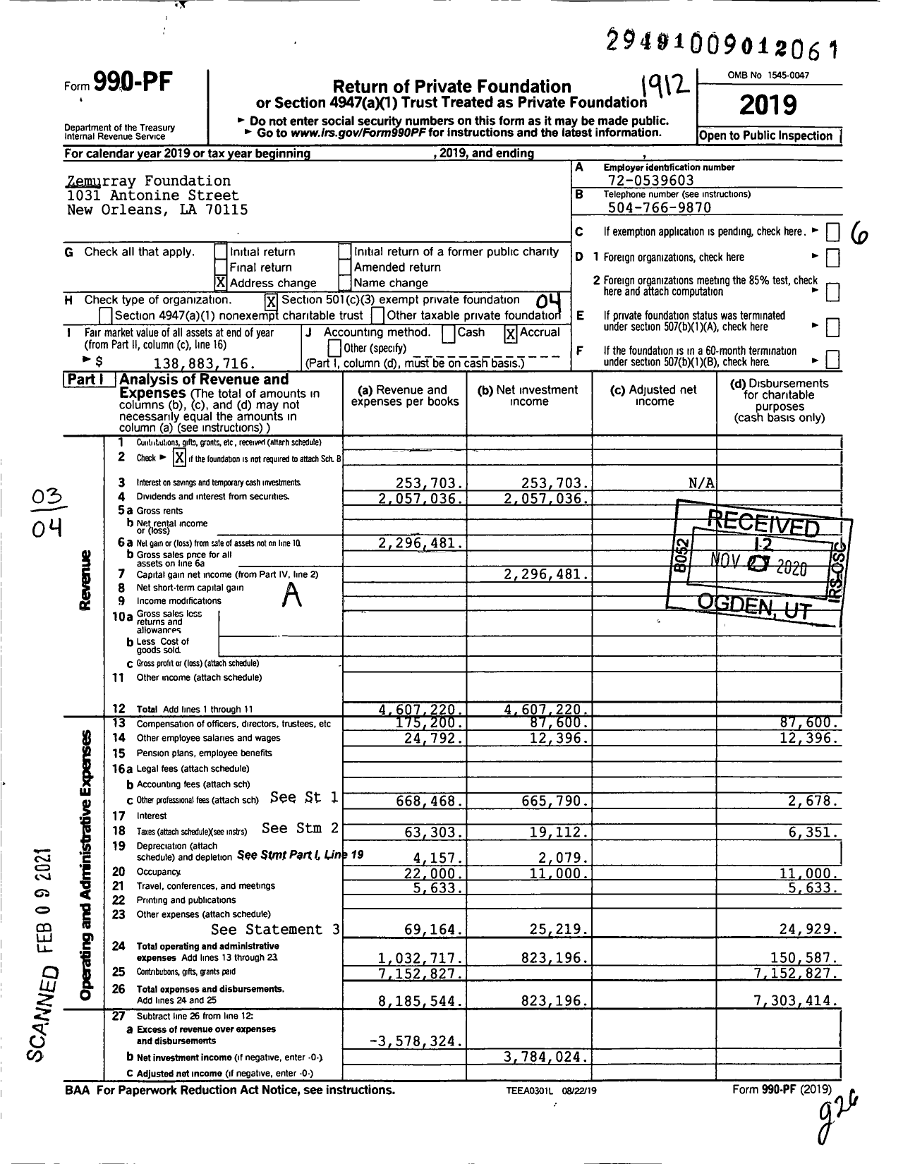 Image of first page of 2019 Form 990PF for Zemurray Foundation