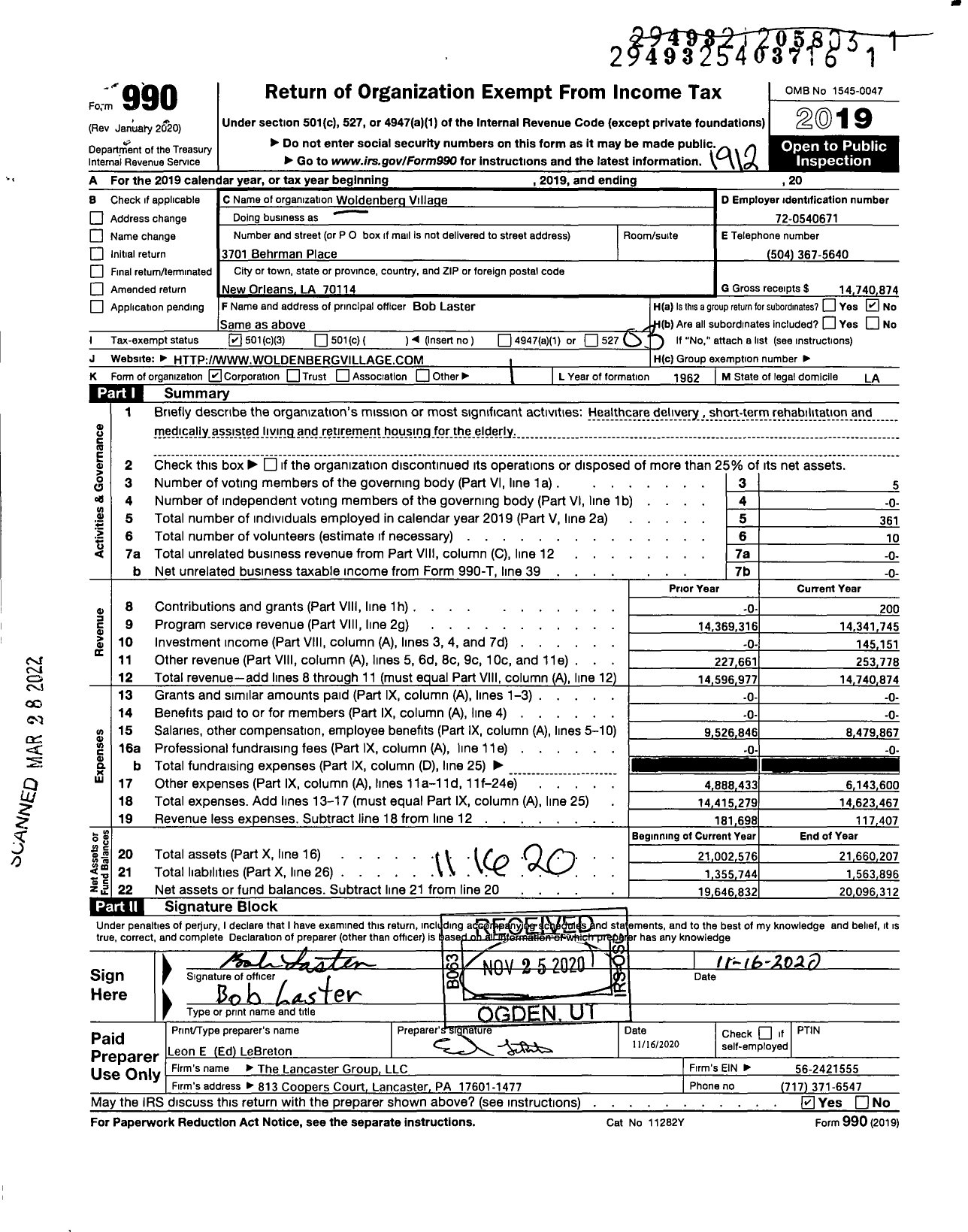 Image of first page of 2019 Form 990 for Woldenberg Village
