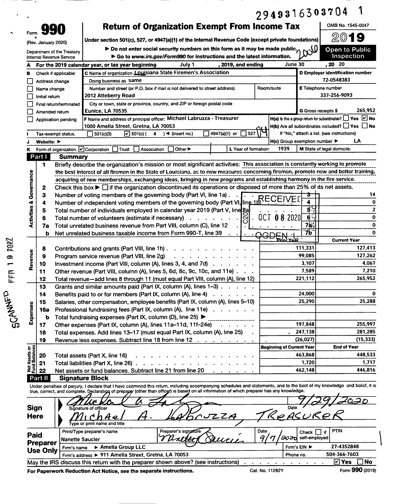 Image of first page of 2019 Form 990O for Louisiana State Firemens Association