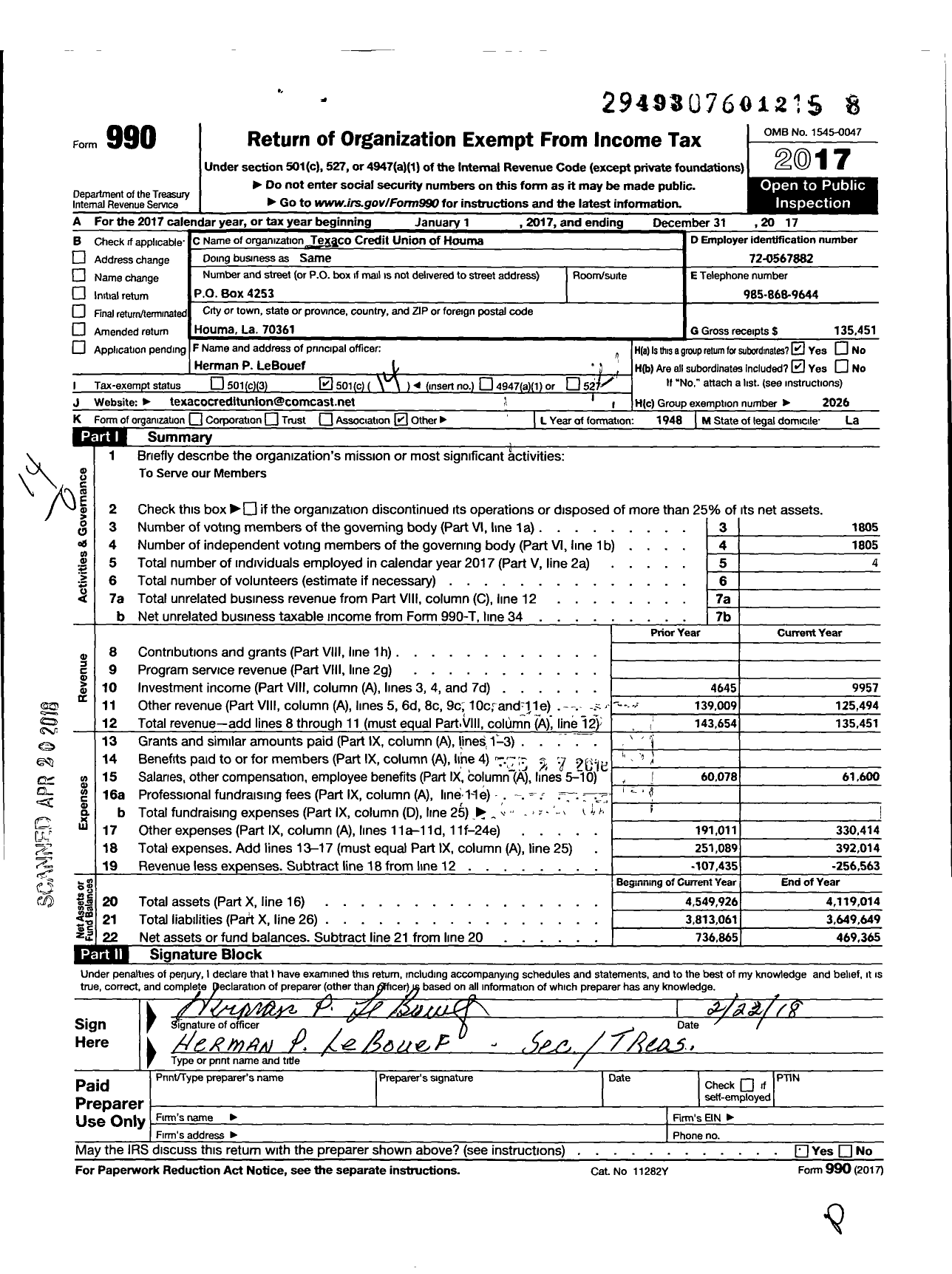 Image of first page of 2017 Form 990O for Texaco Credit Union of Houma