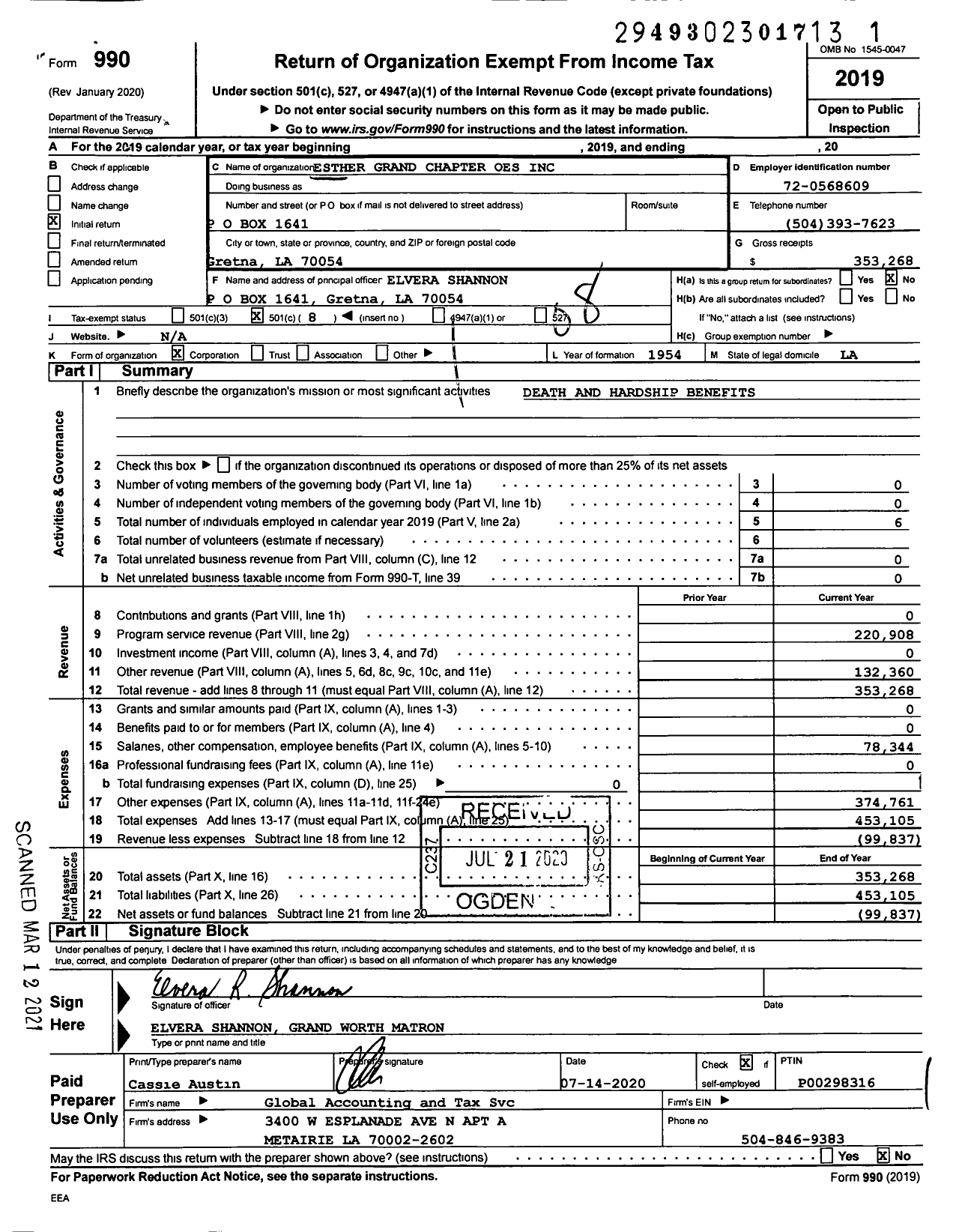 Image of first page of 2019 Form 990O for Esther Grand Chapter Oes