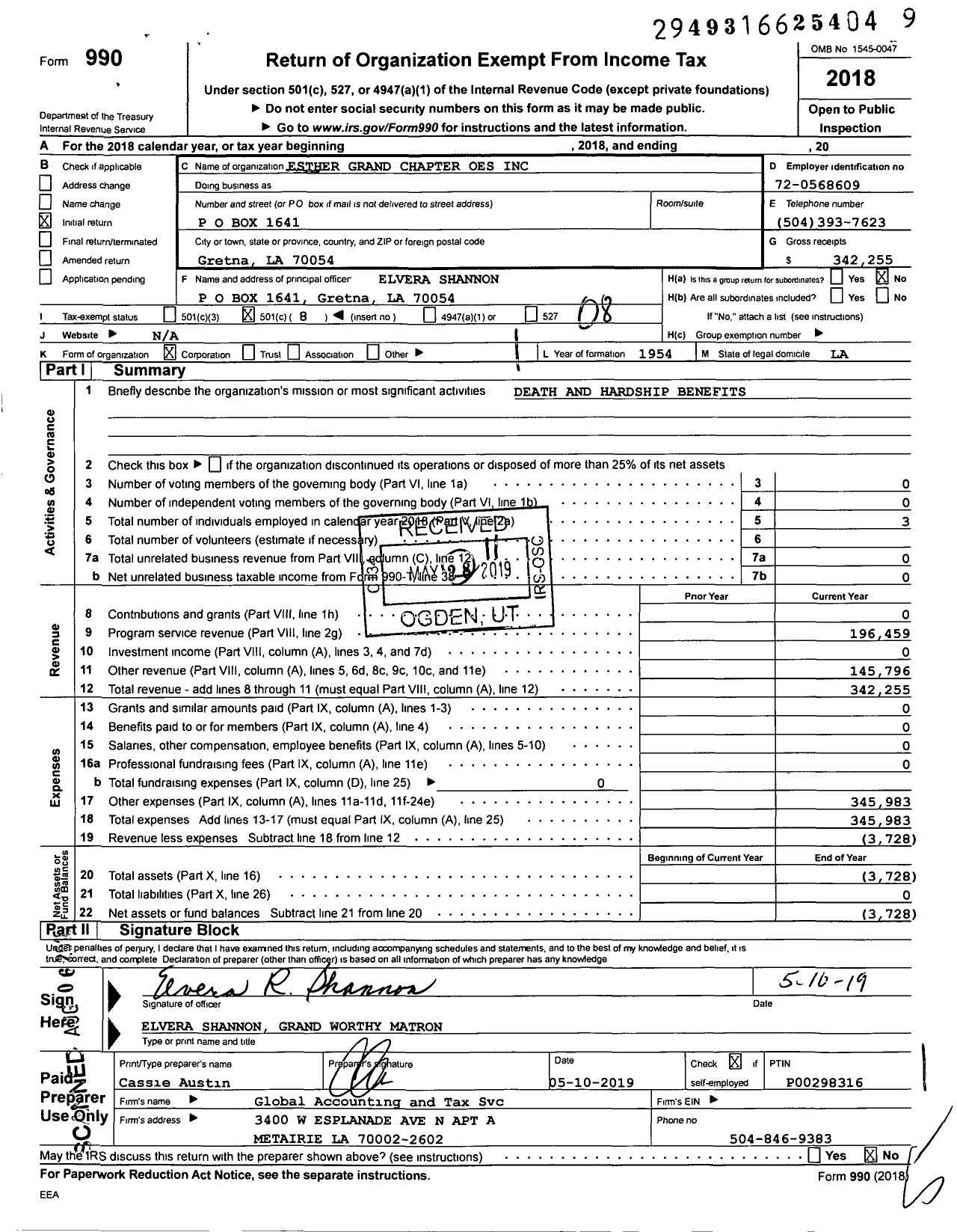 Image of first page of 2018 Form 990O for Esther Grand Chapter Oes