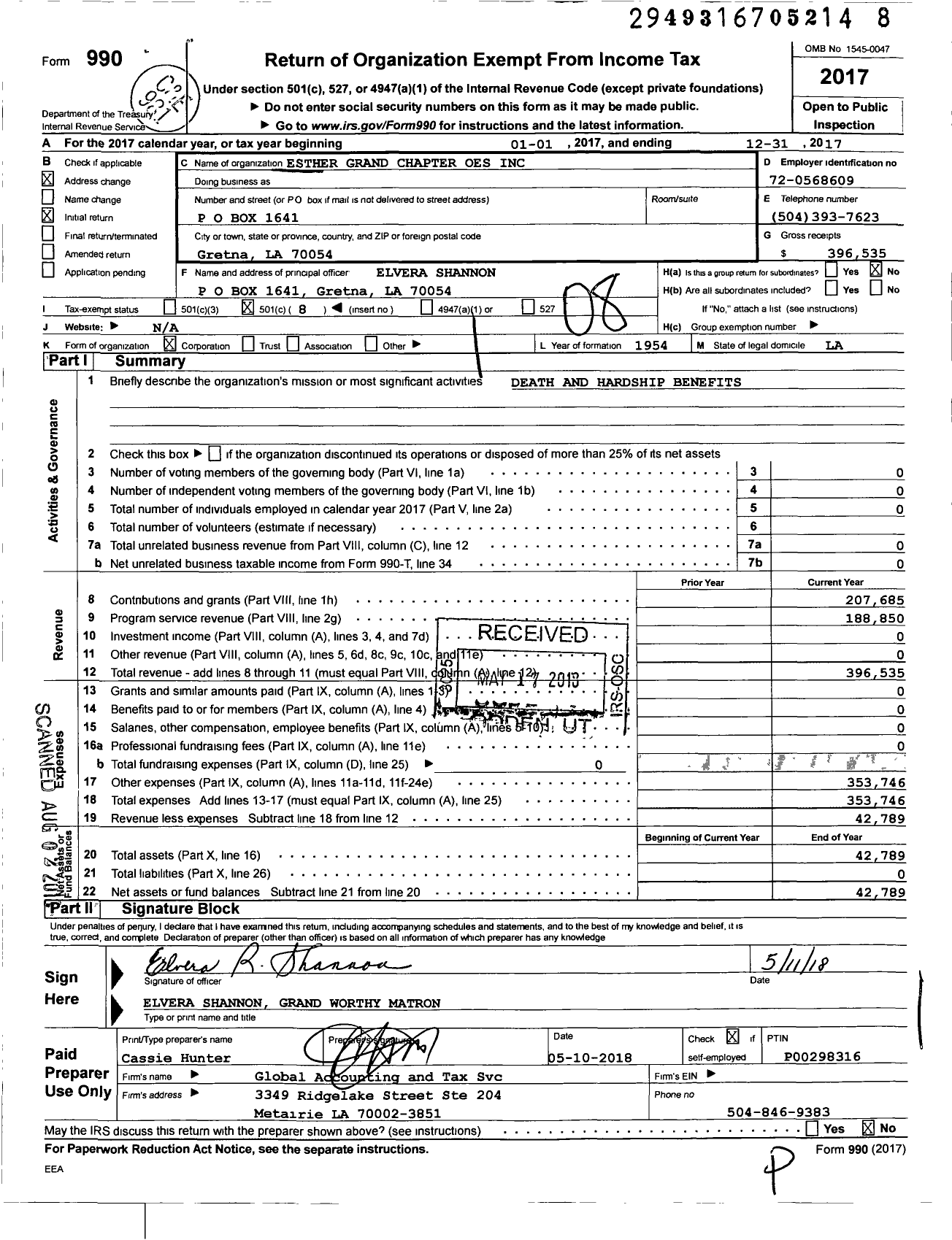 Image of first page of 2017 Form 990O for Esther Grand Chapter Oes