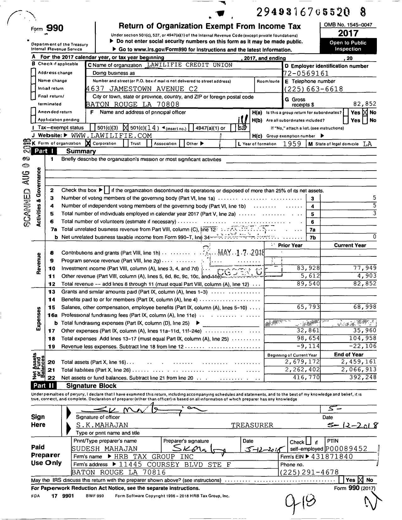 Image of first page of 2017 Form 990O for Lawilifie Credit Union