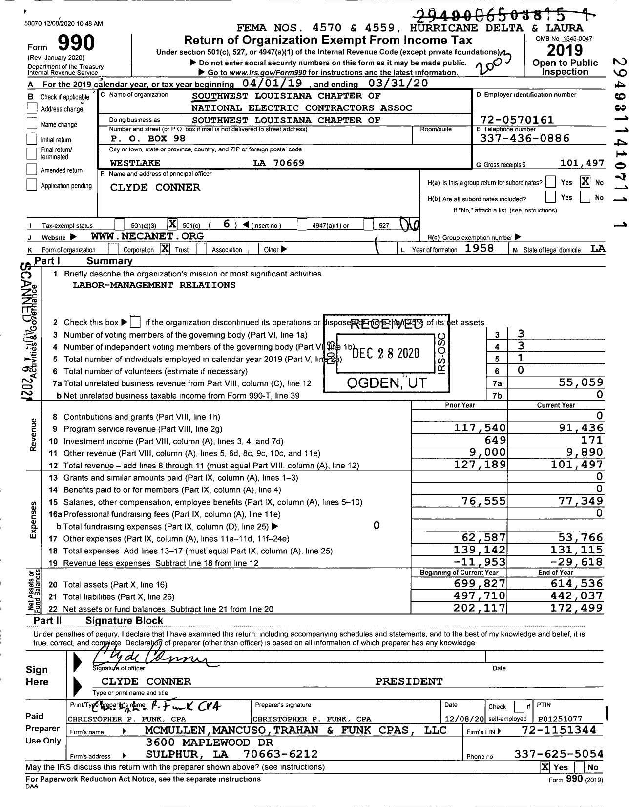 Image of first page of 2019 Form 990O for Southwest Louisiana Chapter of Neca