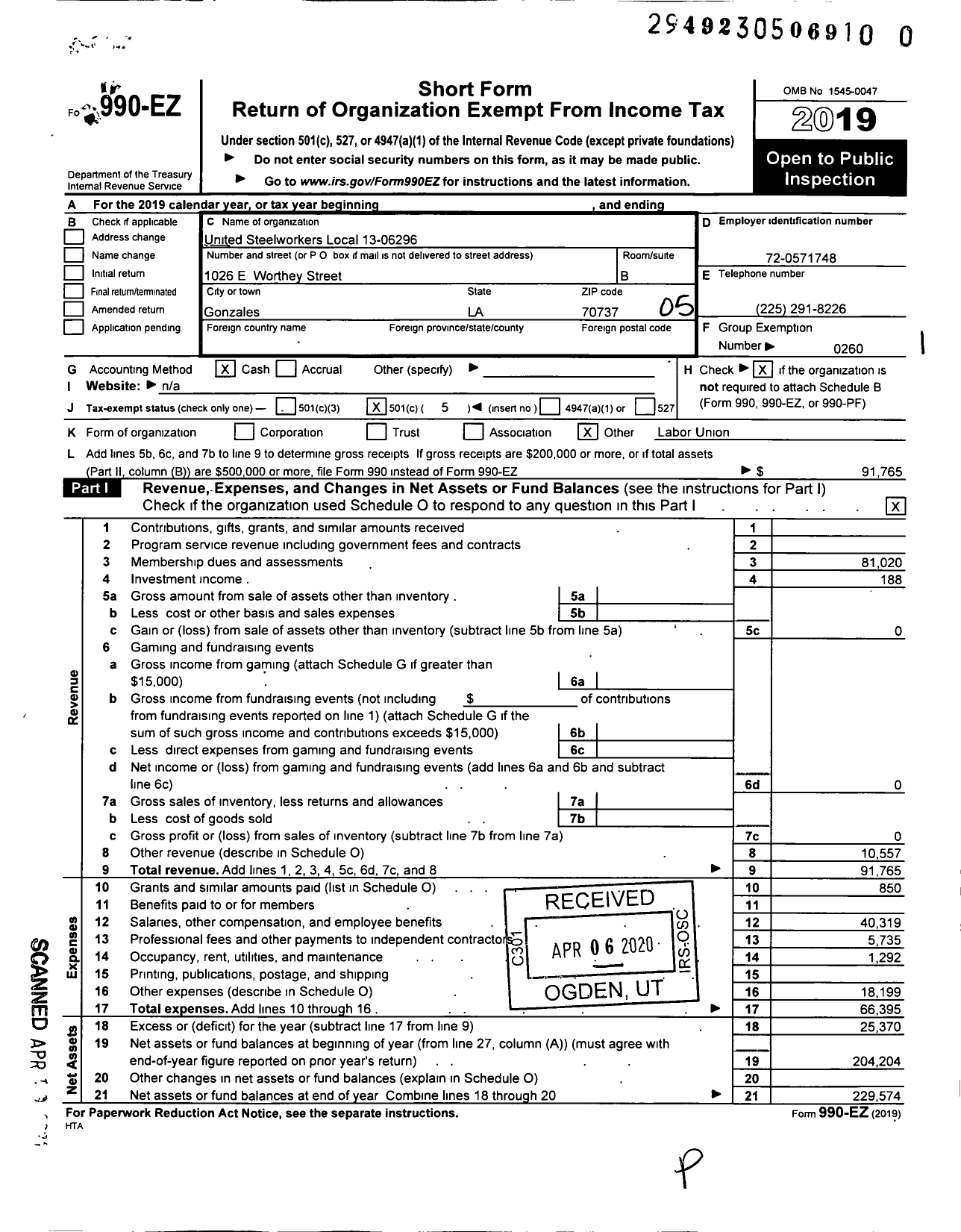 Image of first page of 2019 Form 990EO for United Steelworkers - 06296 Local