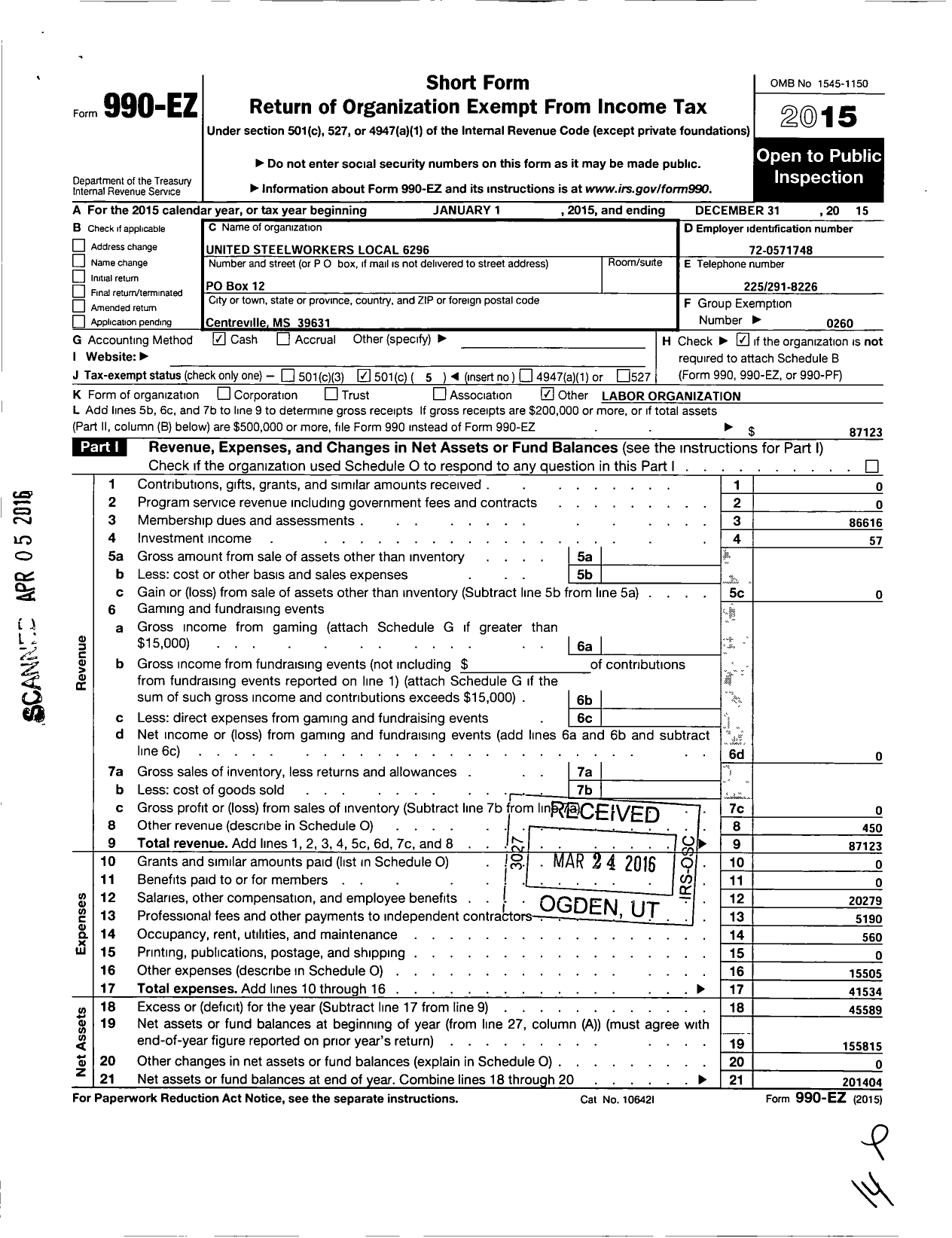 Image of first page of 2015 Form 990EO for United Steelworkers - 06296 Local
