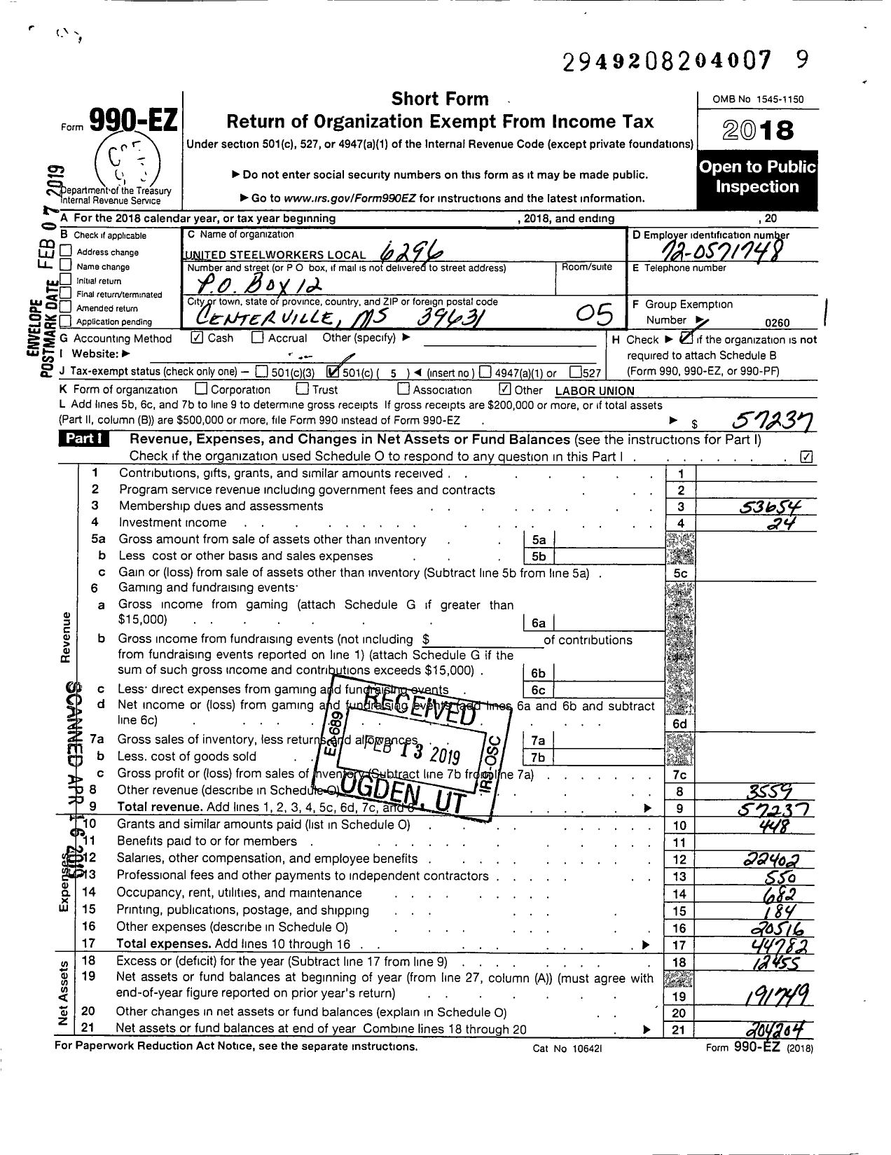 Image of first page of 2018 Form 990EO for United Steelworkers - 06296 Local
