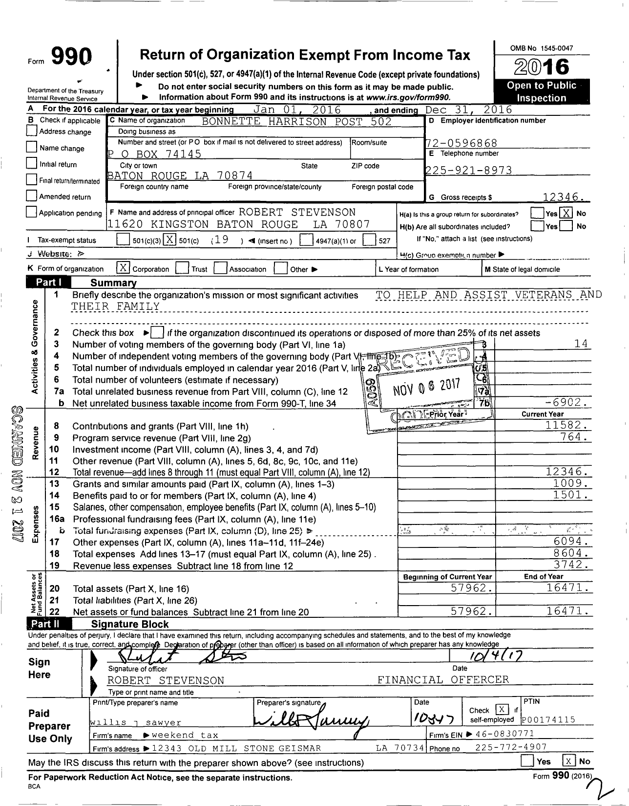 Image of first page of 2016 Form 990O for American Legion - 502 Bonnette-Harrison