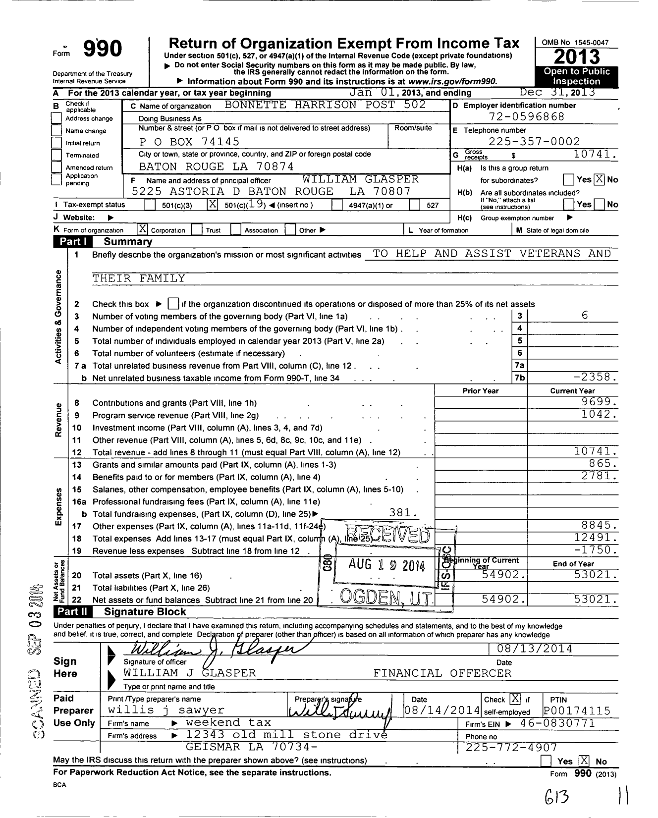 Image of first page of 2013 Form 990O for American Legion - 502 Bonnette-Harrison