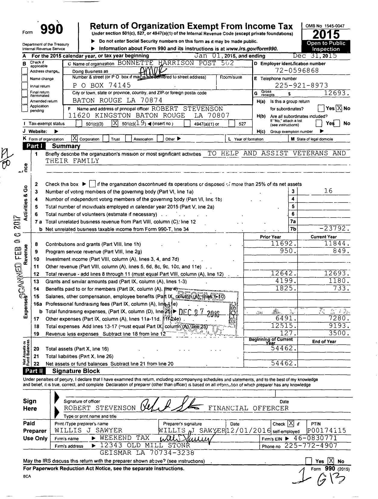 Image of first page of 2015 Form 990O for American Legion - 502 Bonnette-Harrison