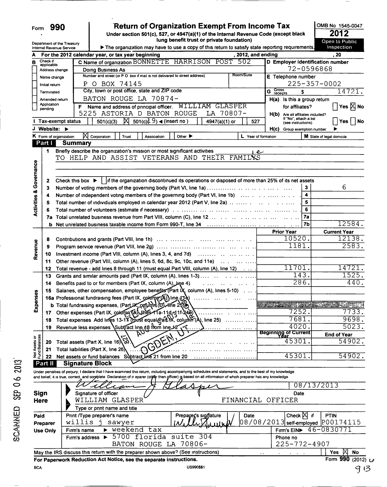 Image of first page of 2012 Form 990O for American Legion - 502 Bonnette-Harrison