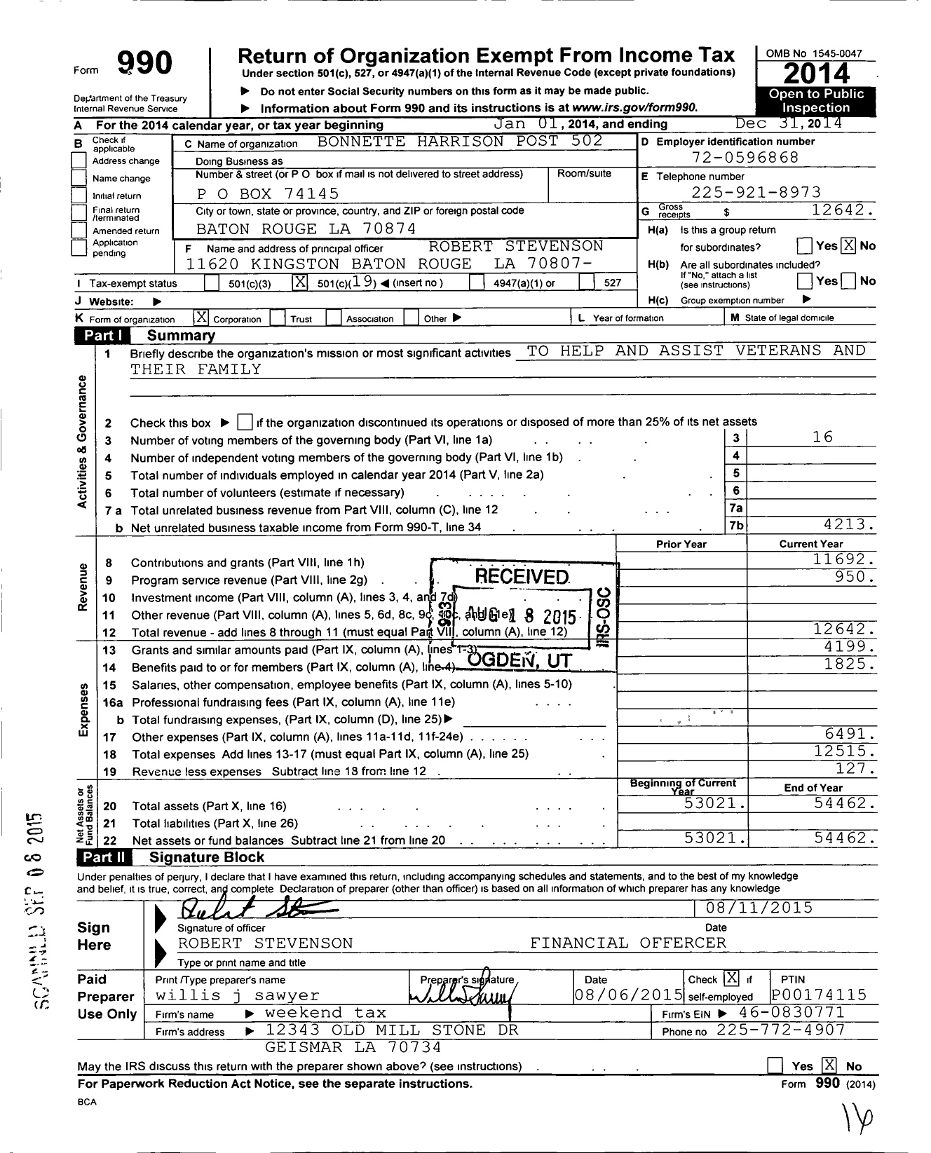 Image of first page of 2014 Form 990O for American Legion - 502 Bonnette-Harrison