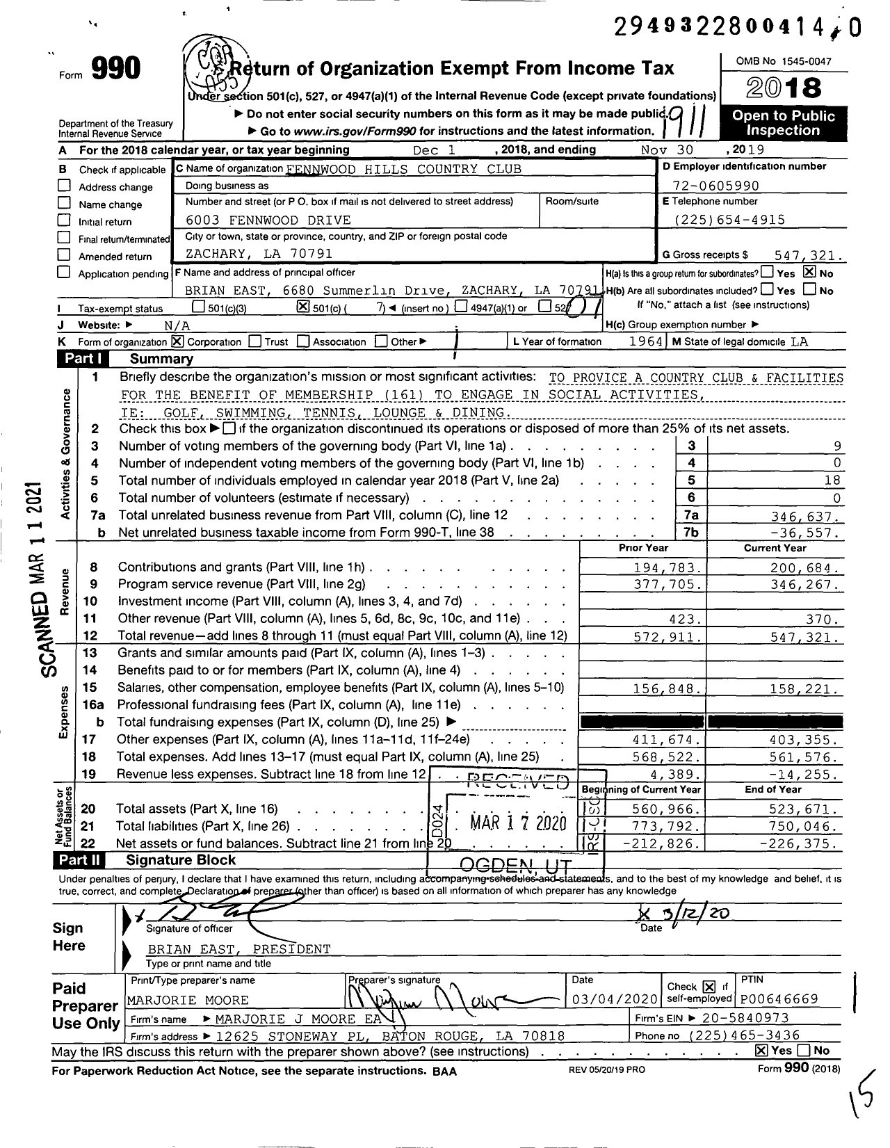 Image of first page of 2018 Form 990O for Fennwood Hills Country Club