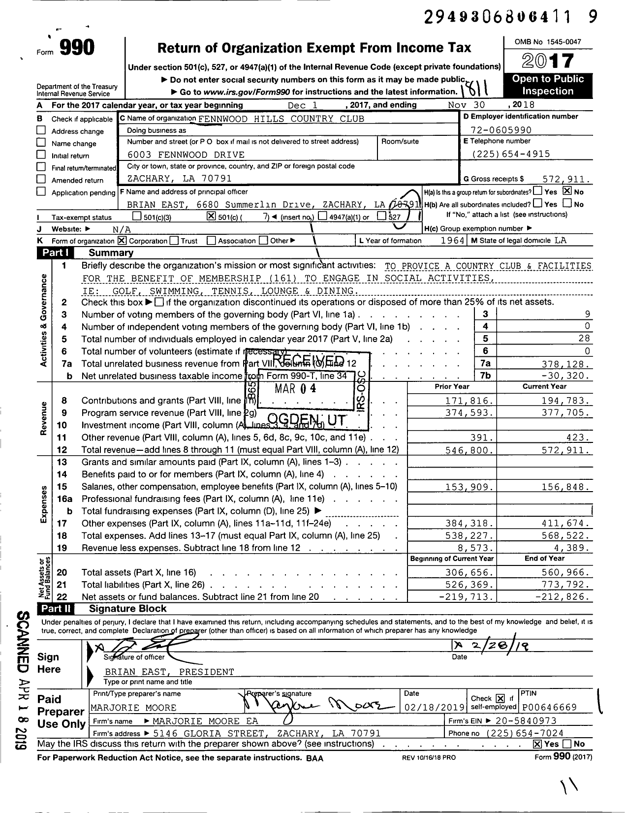 Image of first page of 2017 Form 990O for Fennwood Hills Country Club