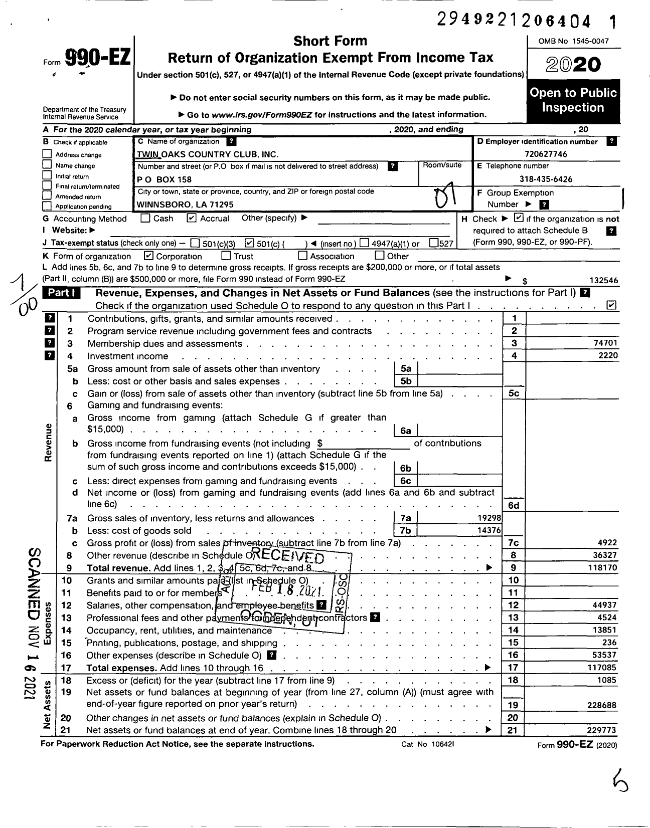 Image of first page of 2020 Form 990EO for Twin Oaks Country Club