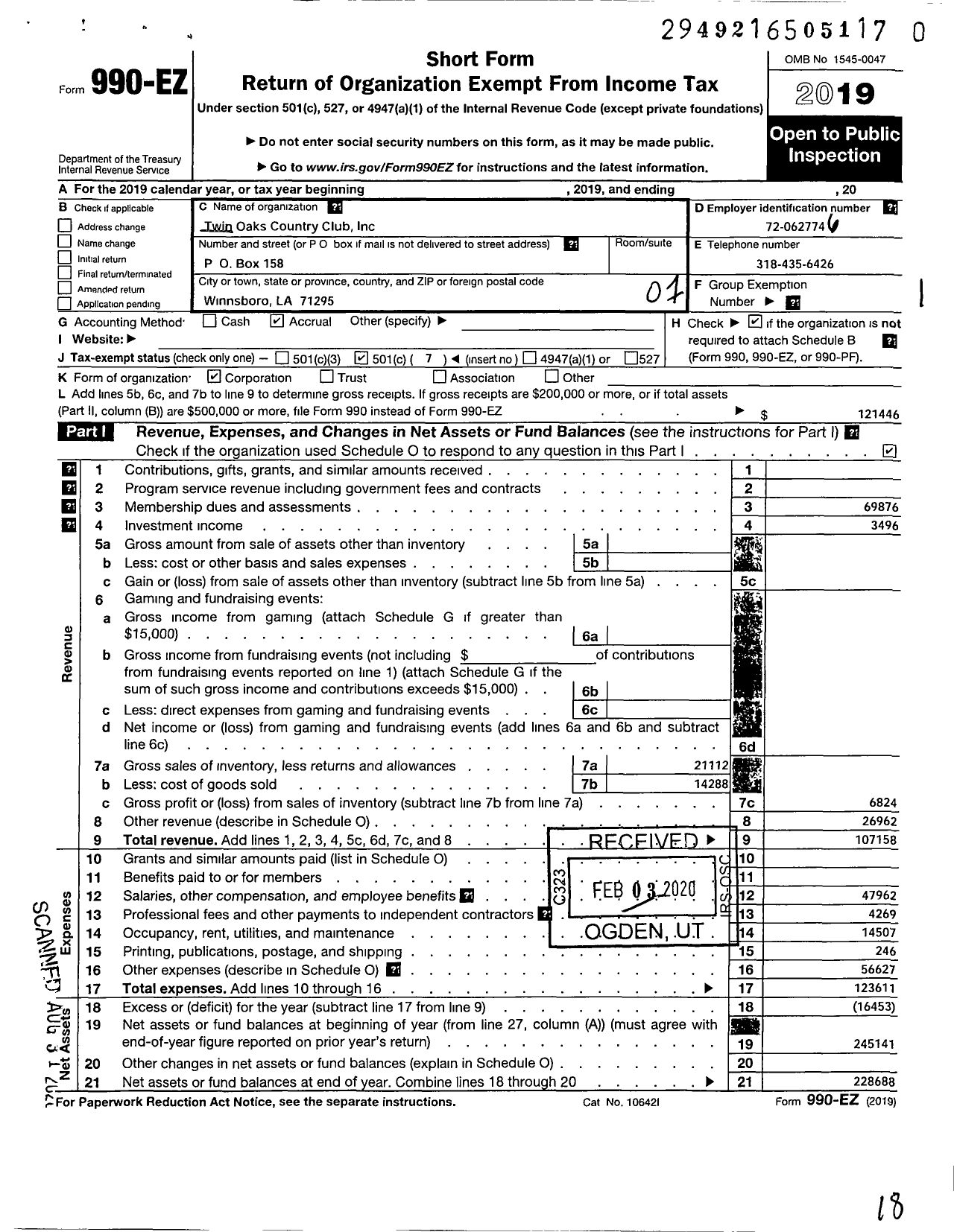 Image of first page of 2019 Form 990EO for Twin Oaks Country Club