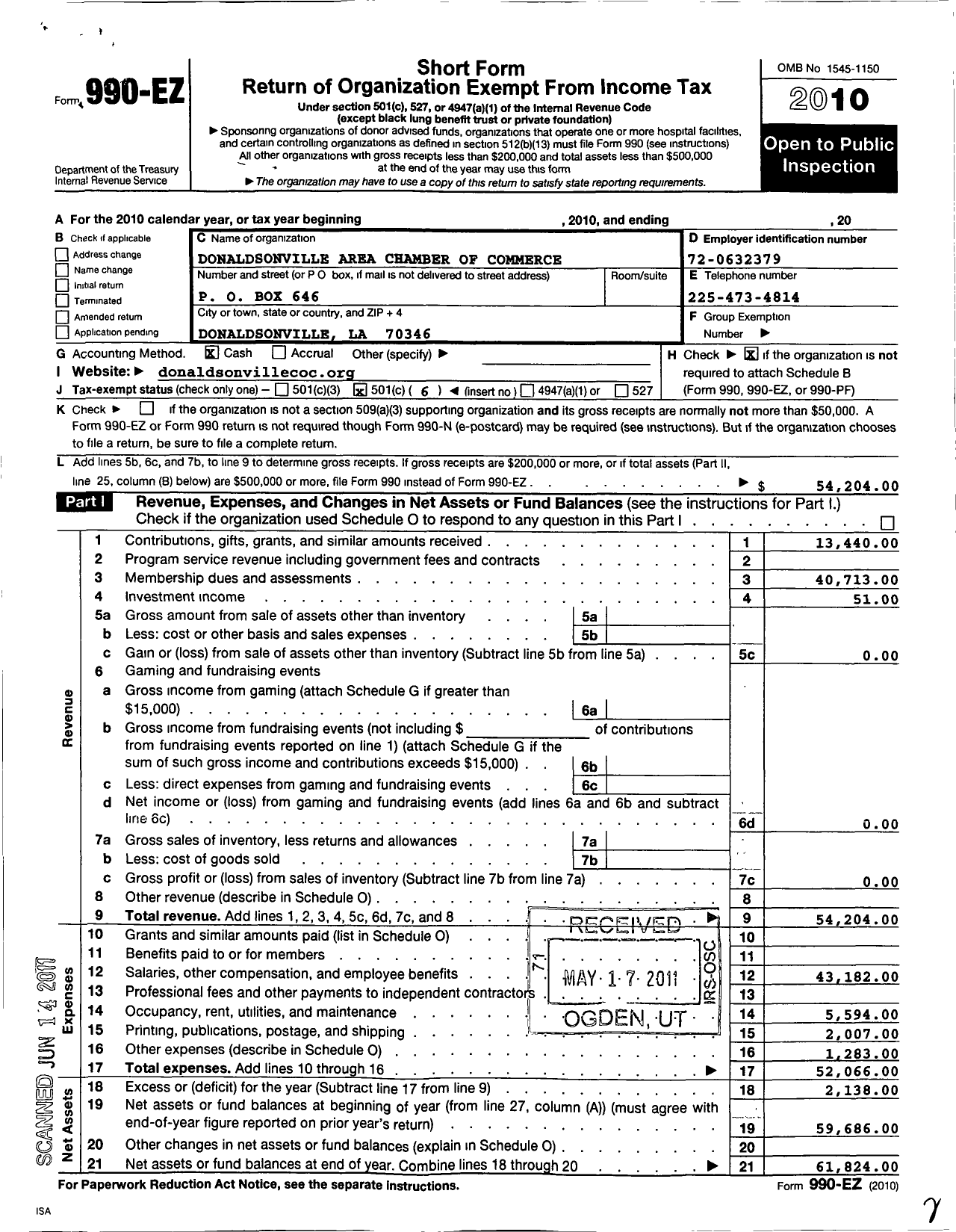 Image of first page of 2010 Form 990EO for Donaldsonville Area Chamber of Commerce