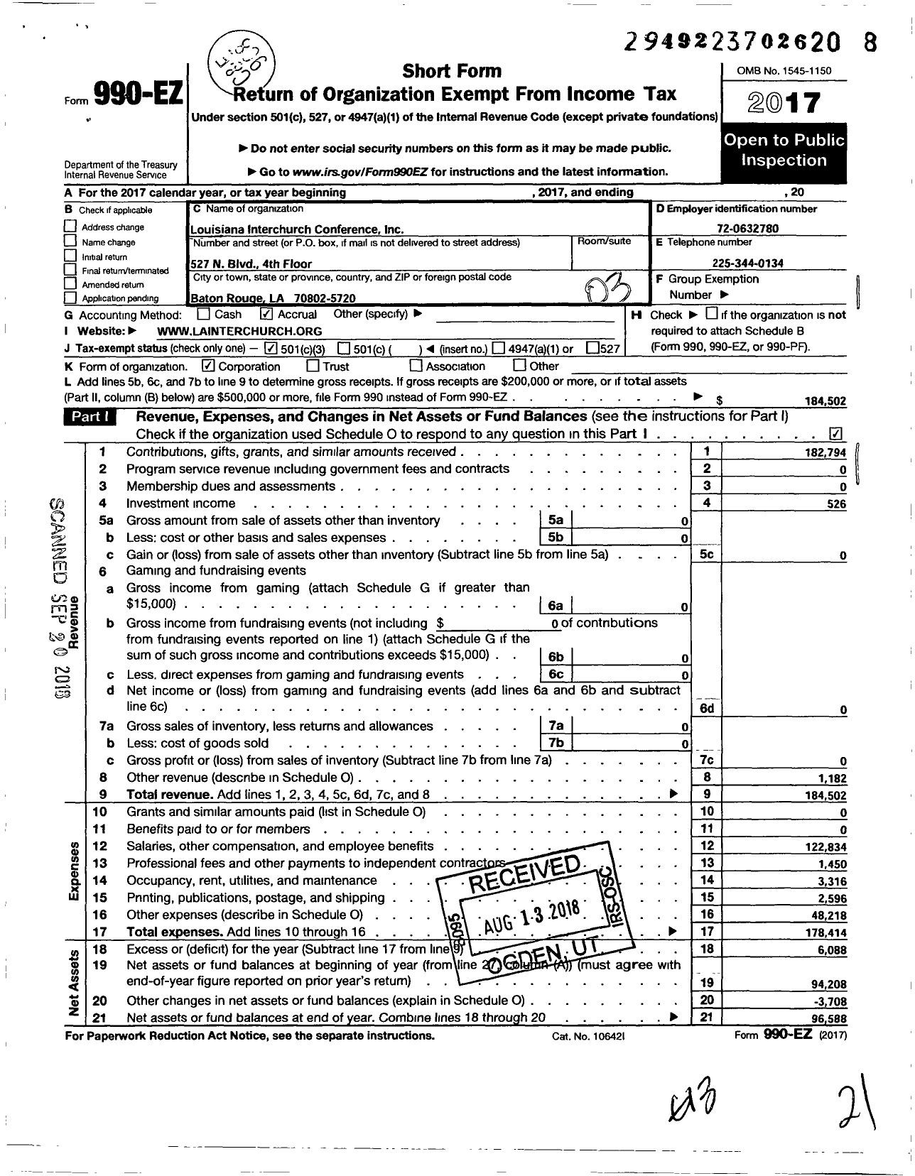 Image of first page of 2017 Form 990EZ for Louisiana Interchurch Conference