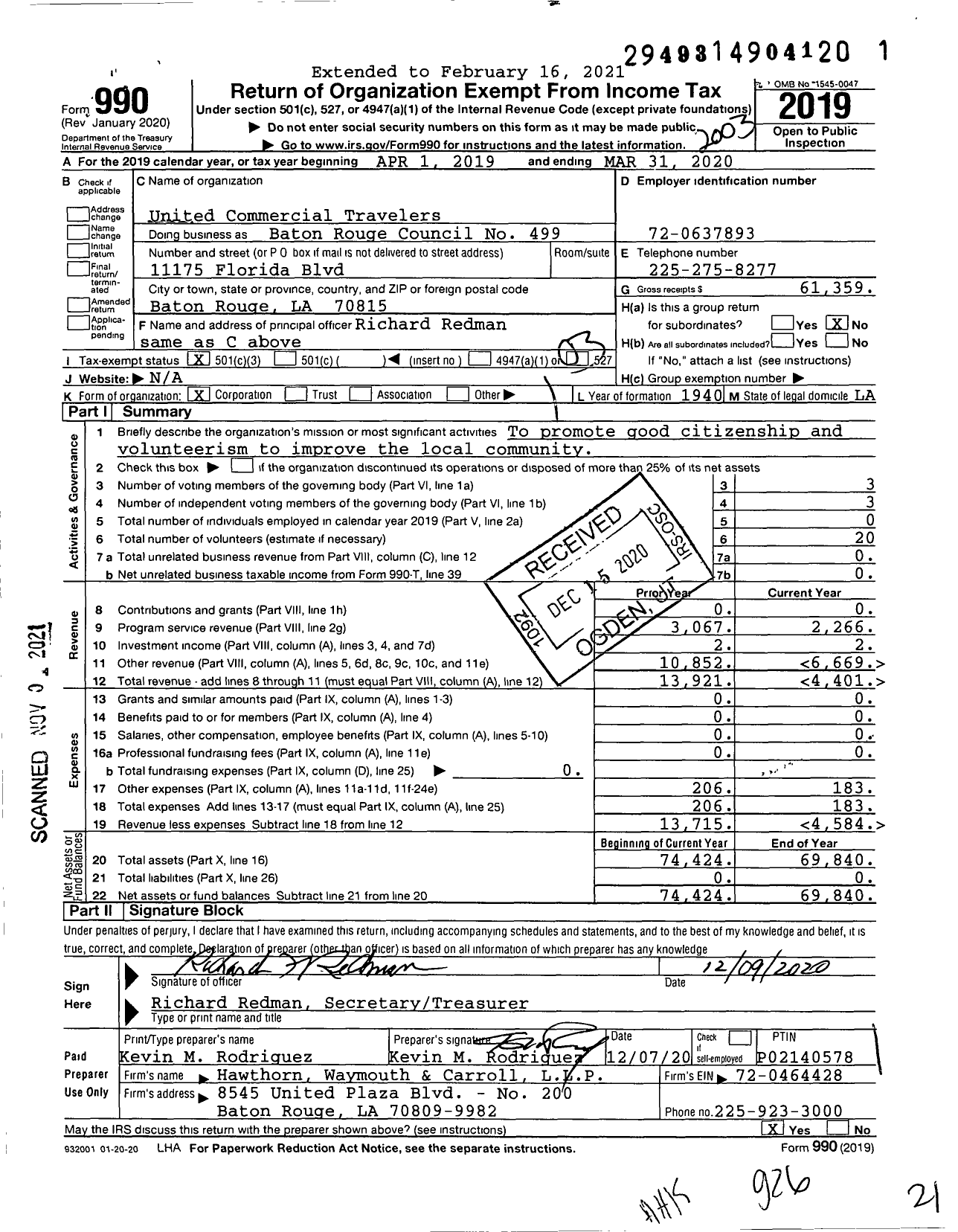 Image of first page of 2019 Form 990 for United Commercial Travelers of America - 499 Baton Rouge Council