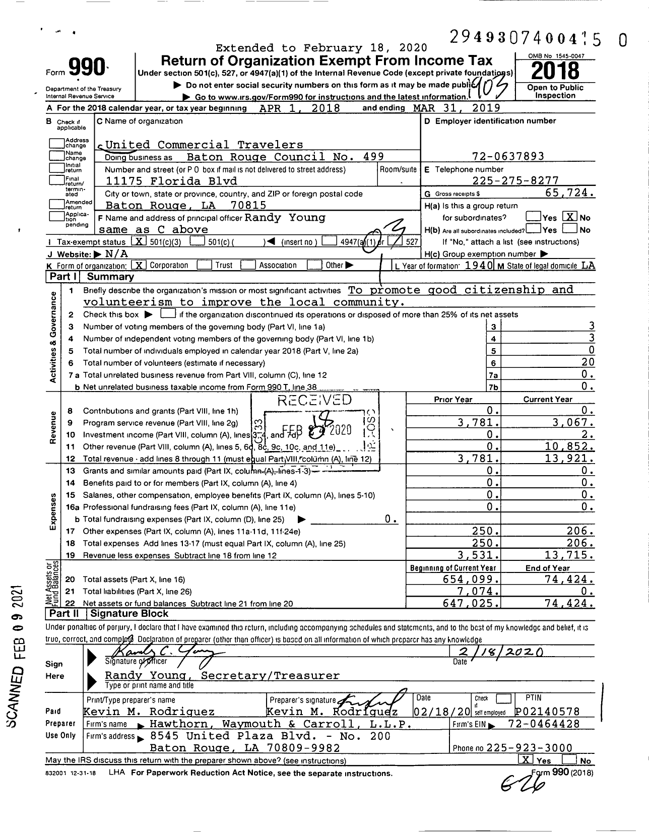 Image of first page of 2018 Form 990 for United Commercial Travelers of America - 499 Baton Rouge Council