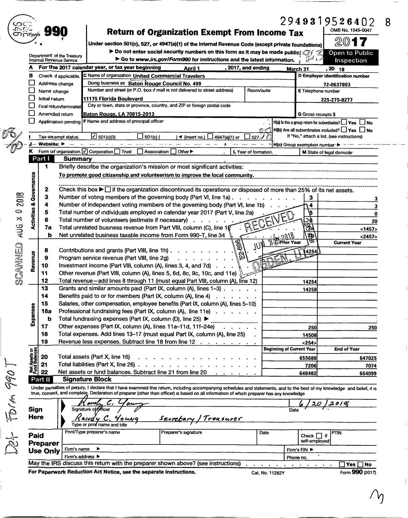 Image of first page of 2017 Form 990O for United Commercial Travelers of America - 499 Baton Rouge Council