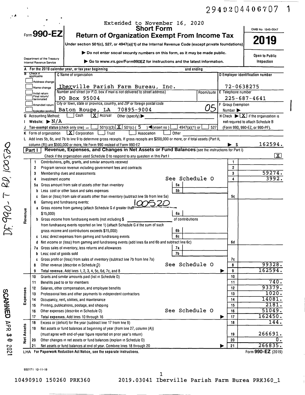 Image of first page of 2019 Form 990EO for Iberville Parish Farm Bureau