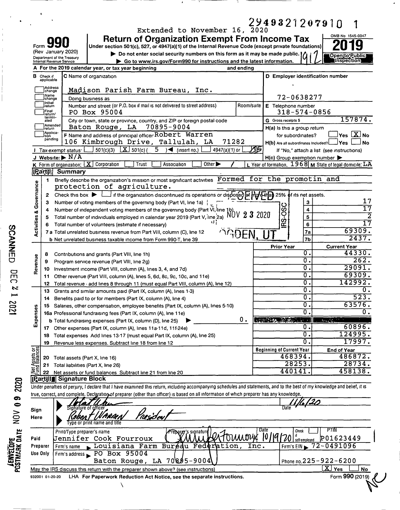 Image of first page of 2019 Form 990O for Madison Parish Farm Bureau