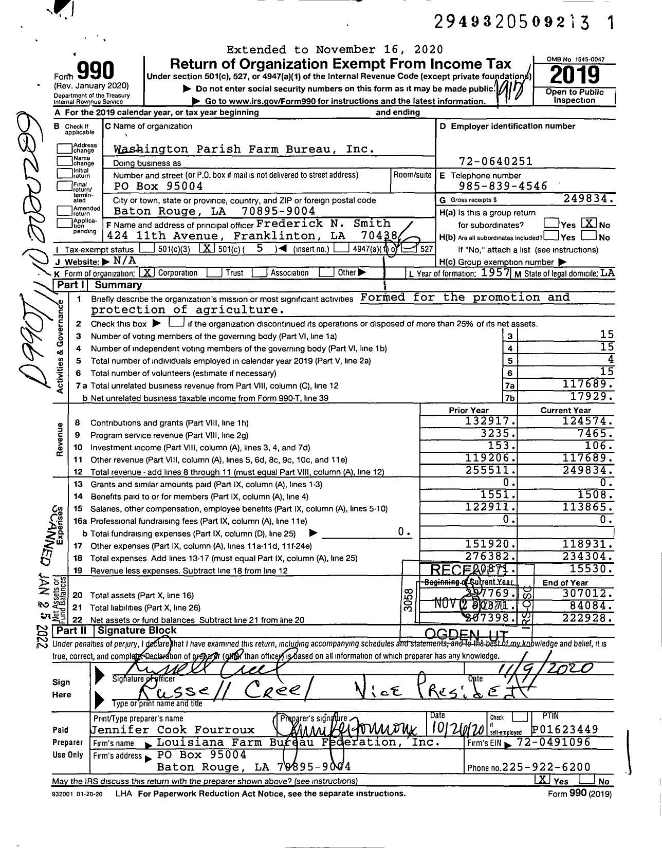 Image of first page of 2019 Form 990O for Washington Parish Farm Bureau