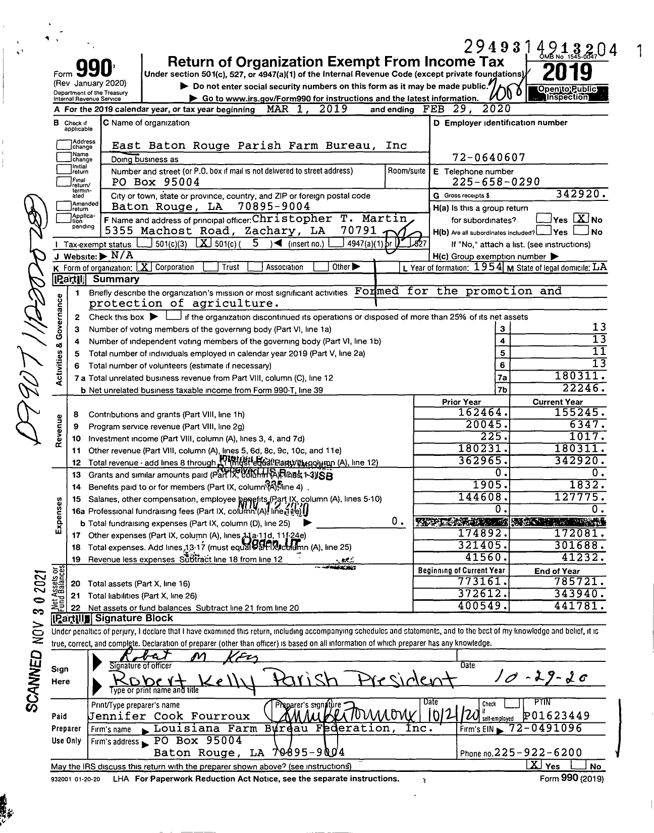 Image of first page of 2019 Form 990O for East Baton Rouge Parish Farm Bureau