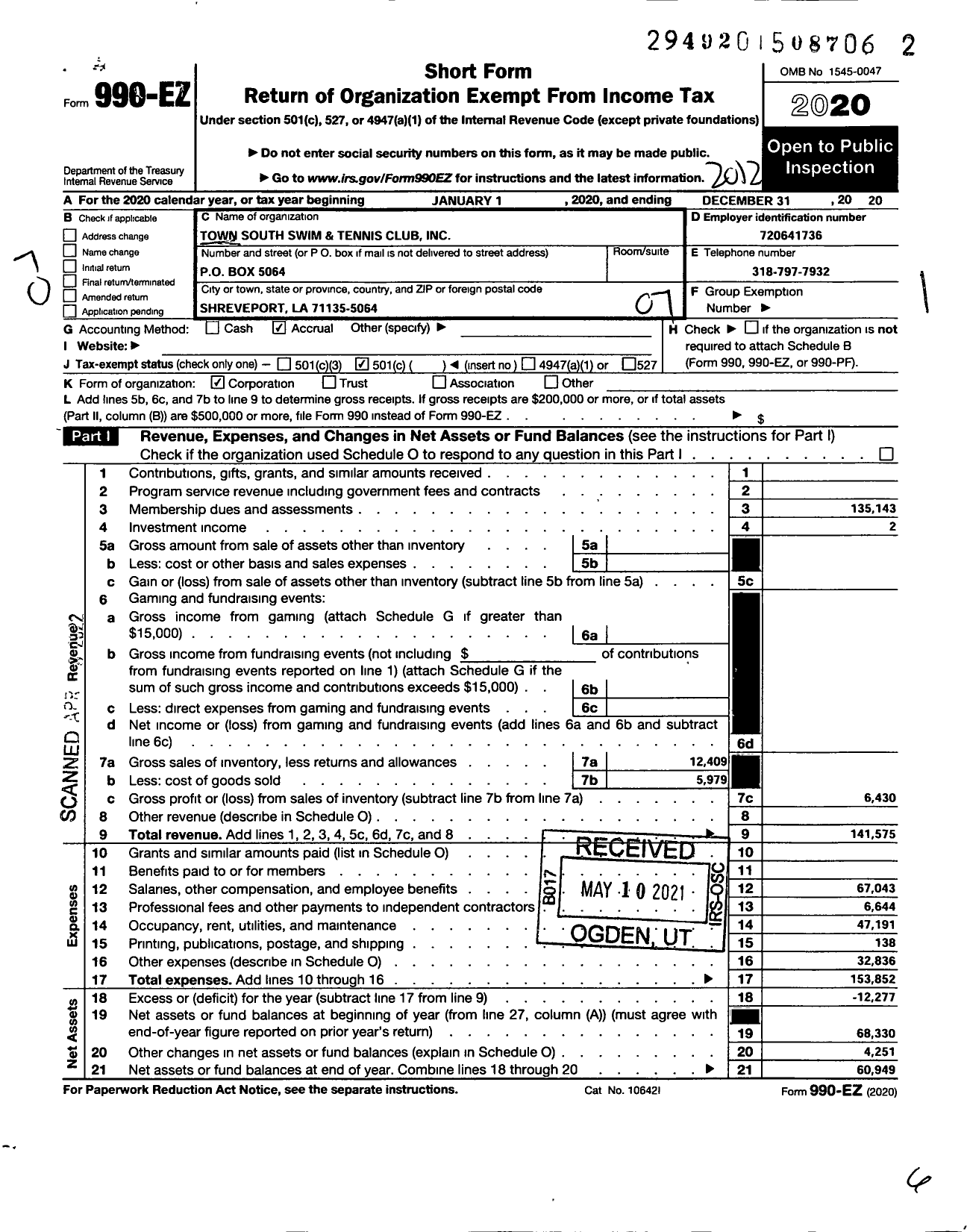 Image of first page of 2020 Form 990EO for Town South Swim and Tennis Club