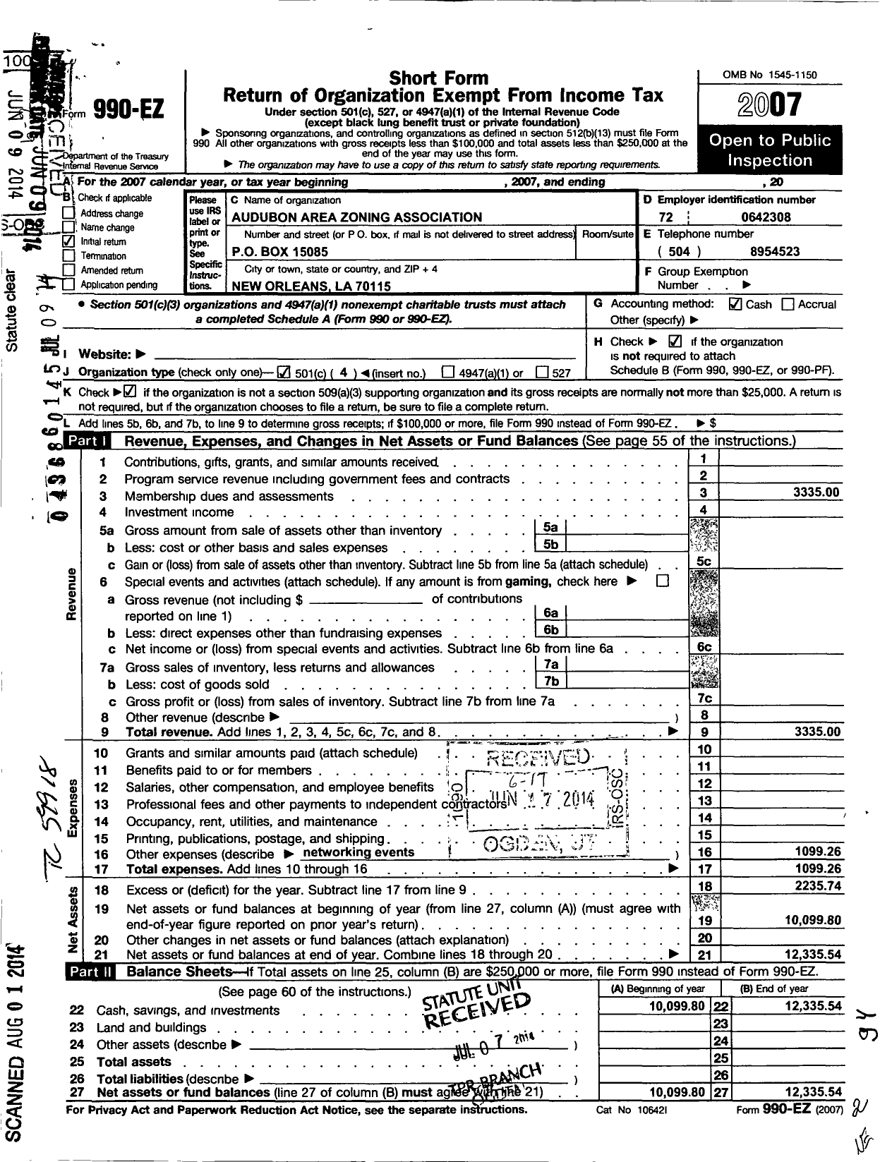 Image of first page of 2007 Form 990EO for Audubon Area Zoning Association