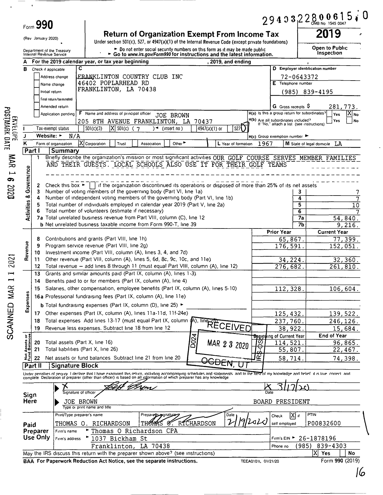 Image of first page of 2019 Form 990O for Franklinton Country Club