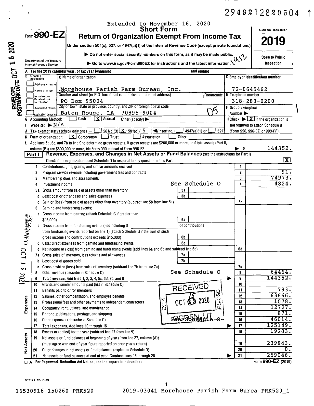 Image of first page of 2019 Form 990EO for Morehouse Parish Farm Bureau