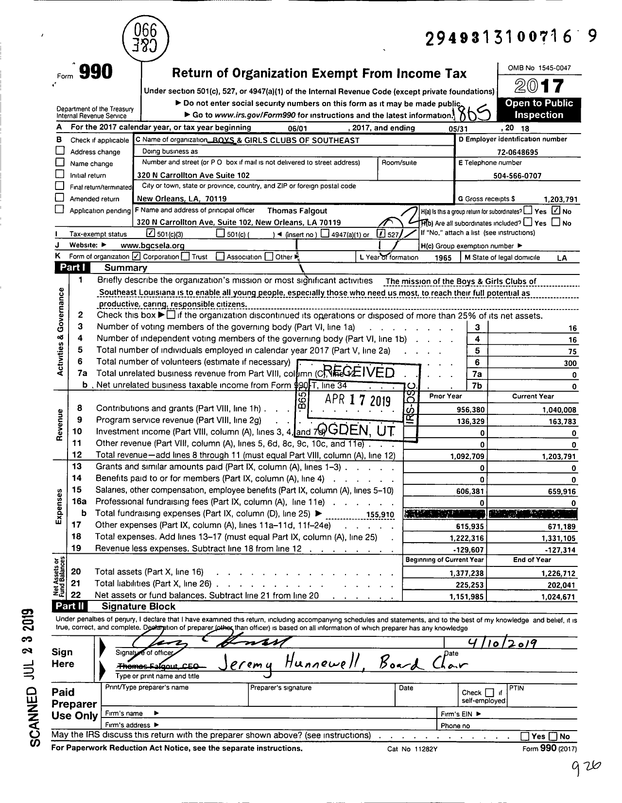Image of first page of 2017 Form 990 for Boys and Girls Clubs of Southeast Louisiana