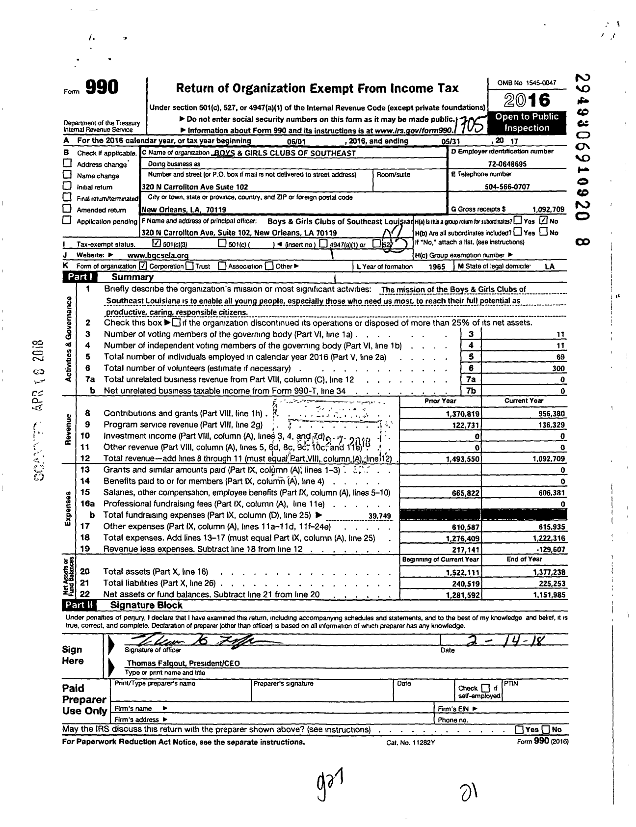 Image of first page of 2016 Form 990 for Boys and Girls Clubs of Southeast Louisiana