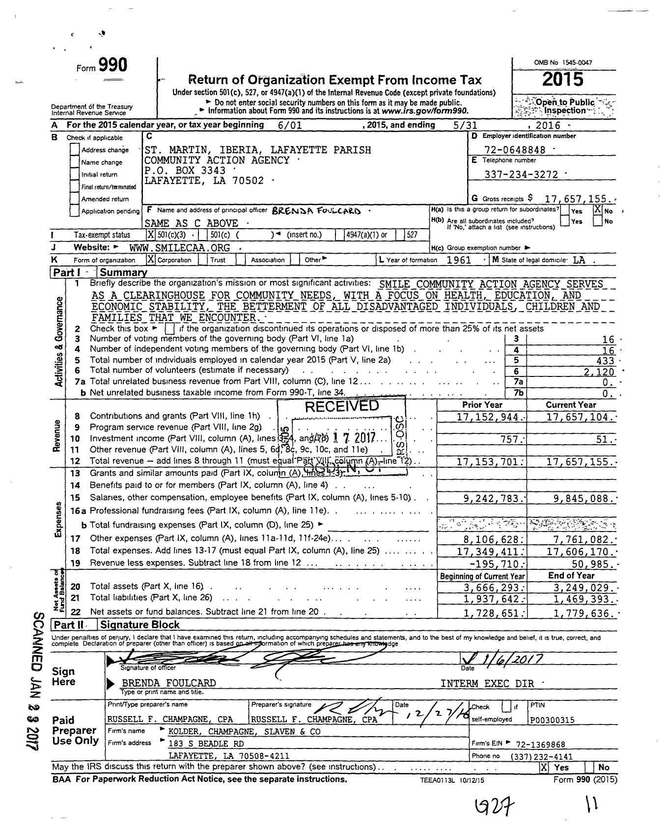 Image of first page of 2015 Form 990 for SMILE Community Action Agency